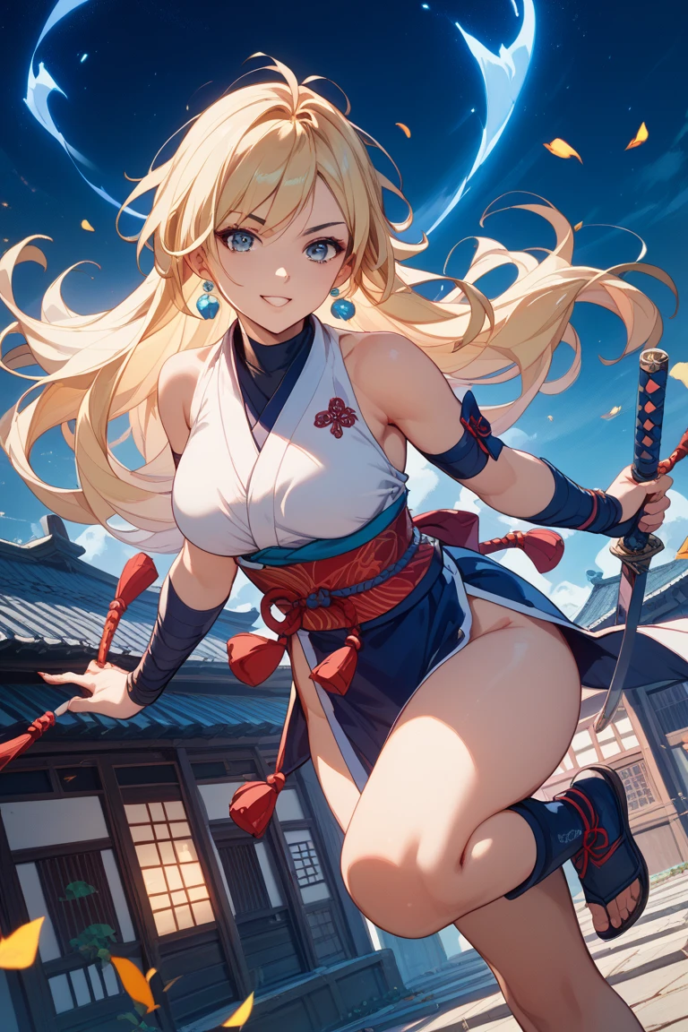 One girl, medium long hair, blonde, blue eyes, youthful appearance, slightly large breasts, (slightly large breasts: 1.4), cleavage, exposed shoulders, standing, collarbone, full body, ponytail, thighs, open lips, kimono, shiny, arms up, shiny hair, shiny skin, open bangs, obi, high ponytail, revealing clothing, rope, pelvic curtain, ninja