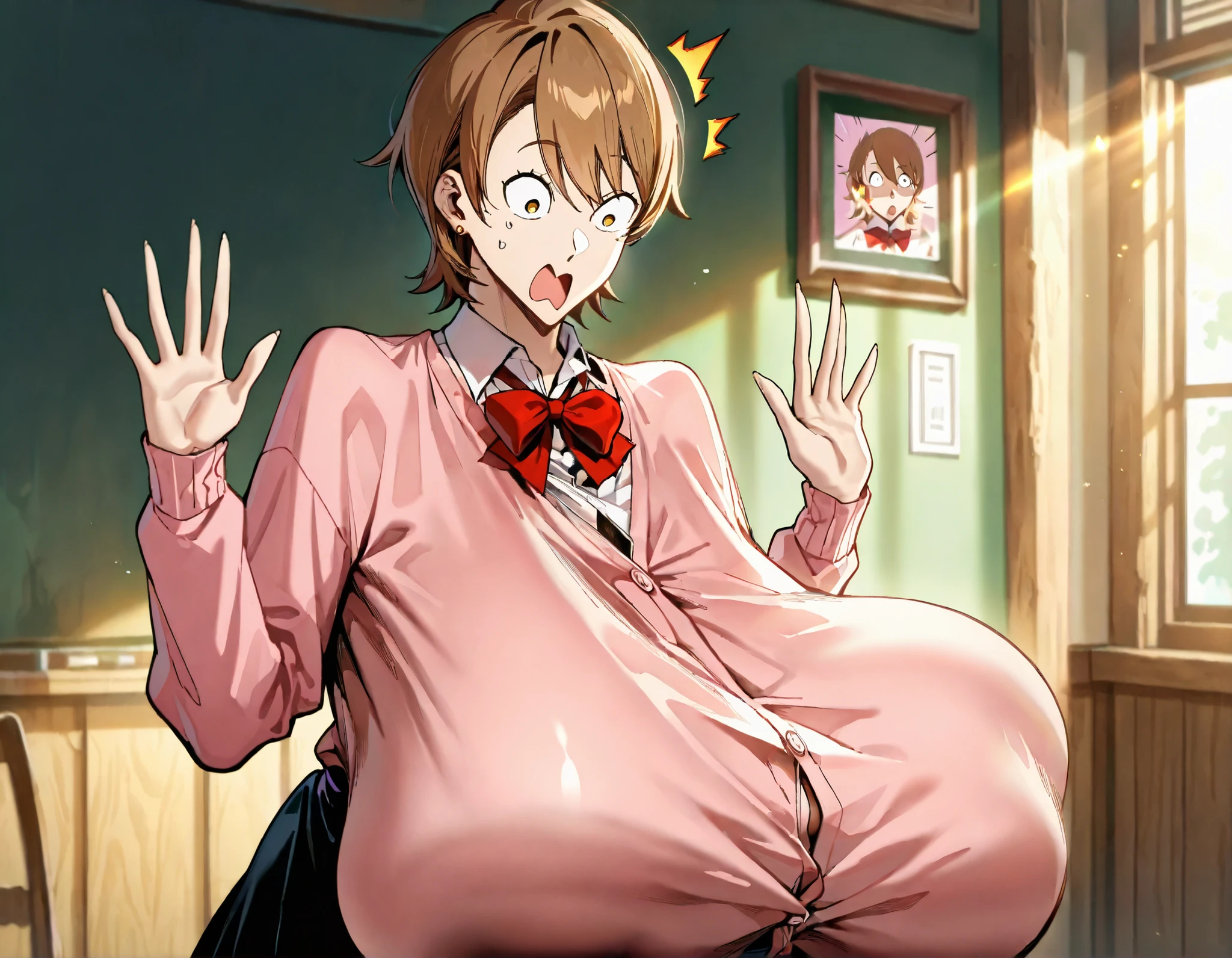 sfw, (yukari from person 3) takeba yukari, 1girl, Alone, short hair, bangs, brown hair(yukari hair, brown hair) (detail yukari face) ,yukaridef, gekkoukan high school uniform, Pink cardigan, red bow, long sleeves, black skirt, earrings, white chokerBest Quality, High Resolution, 1girl in,( from the side) () Details Girl, detail hands, detail fingers , detail face, detail 1girl in, looking down, (()), , () ( stretched clothes) (heavy saggy breasts) (covered breasts), (shocked emotions), shocked emotions, (), , () sunlight shafts , perfect lighting, cinematic composition, highly detailed, Photorealistic, 8K, best quality ((bursting breasts)), source _cartoon, (), hyper breasts