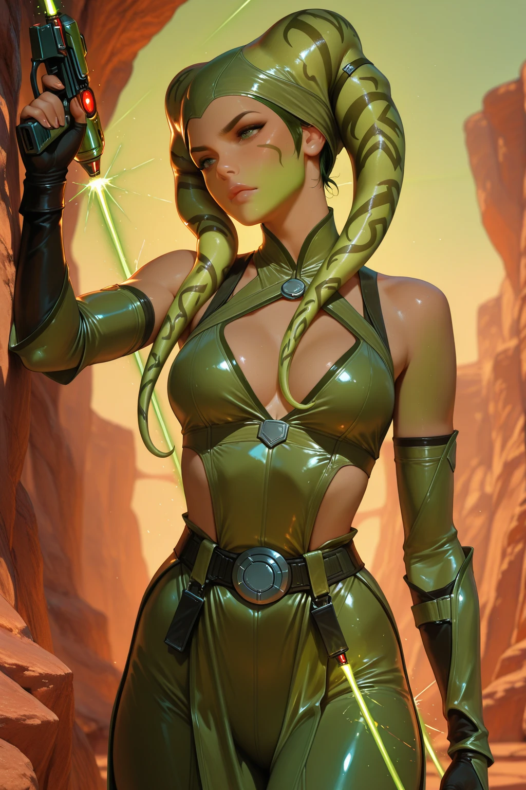 (best quality, masterpiece, highly detailed), 1girl, (green skin), sexy Twi'lek, large breasts, cleavage, Jedi, dark brown leather, pelvic curtain, loincloth, crop top, long sleeves, skirts, dark brown shorts, long boots, brown leather, buckles, straps, Star Wars, lekku markings