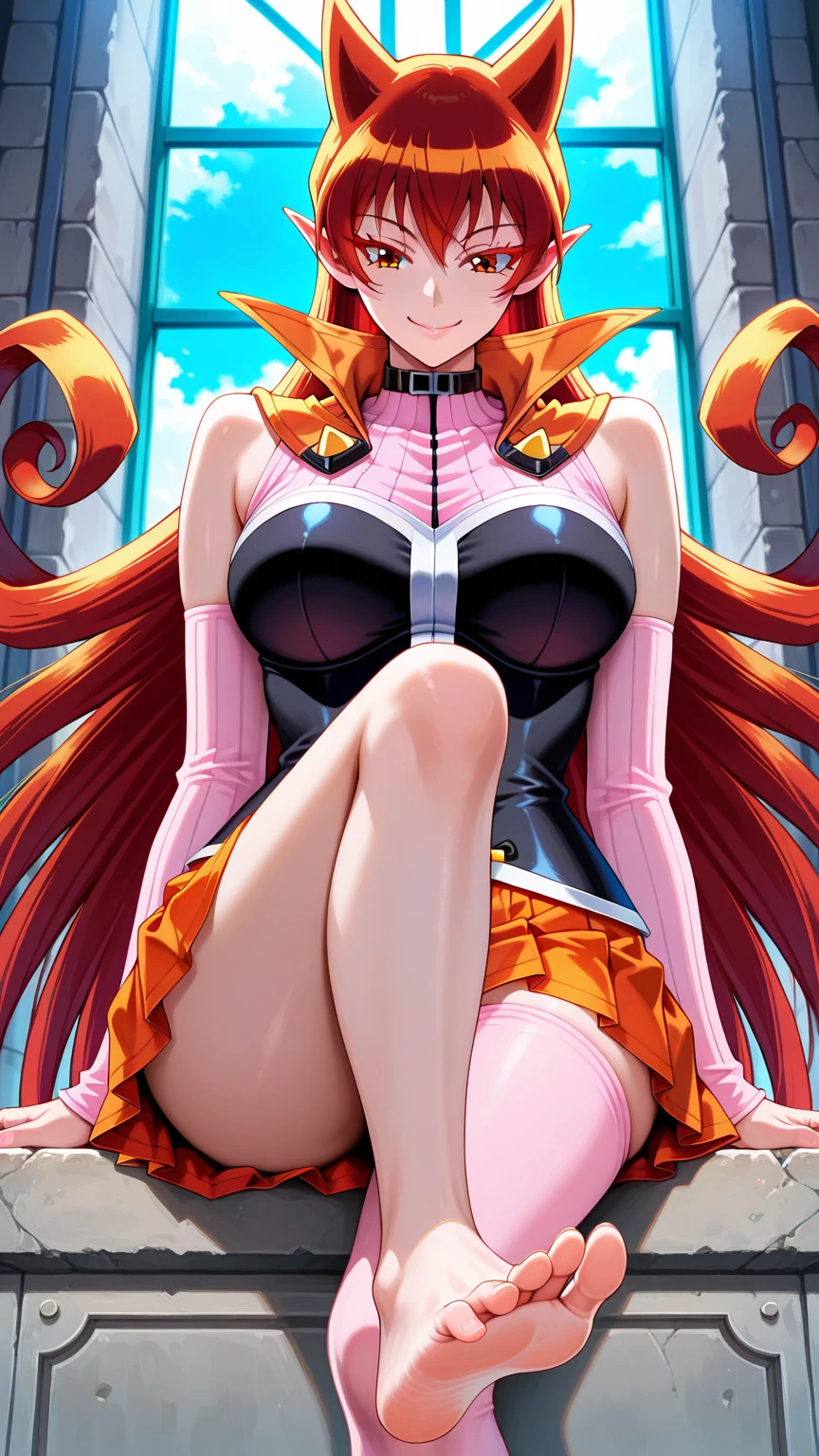 orange clothes,A pink-haired,High ponytail,Breasts are plump,Light blue eyes,Need,big breasts beautiful,Ultra-clear image quality,haughty