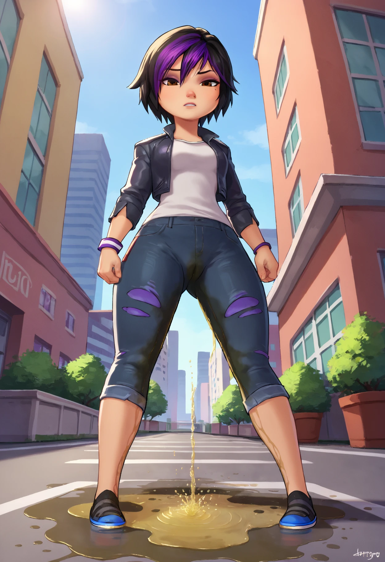 score_9, score_8_up, score_7_up, BREAK,gogotomago, 1girl, solo, short hair, black hair, jewelry, jacket, lo purple hair, shorts, bracelet, makeup, casual, cropped jacket, sleeves pushed up, ((skinny jeans)), brown eyes, looking at the viewer, medium breasts,outdoors,city, full body, ((wetting self, pee stains, puddle)), cameltoe, seen from below, dynamic angle