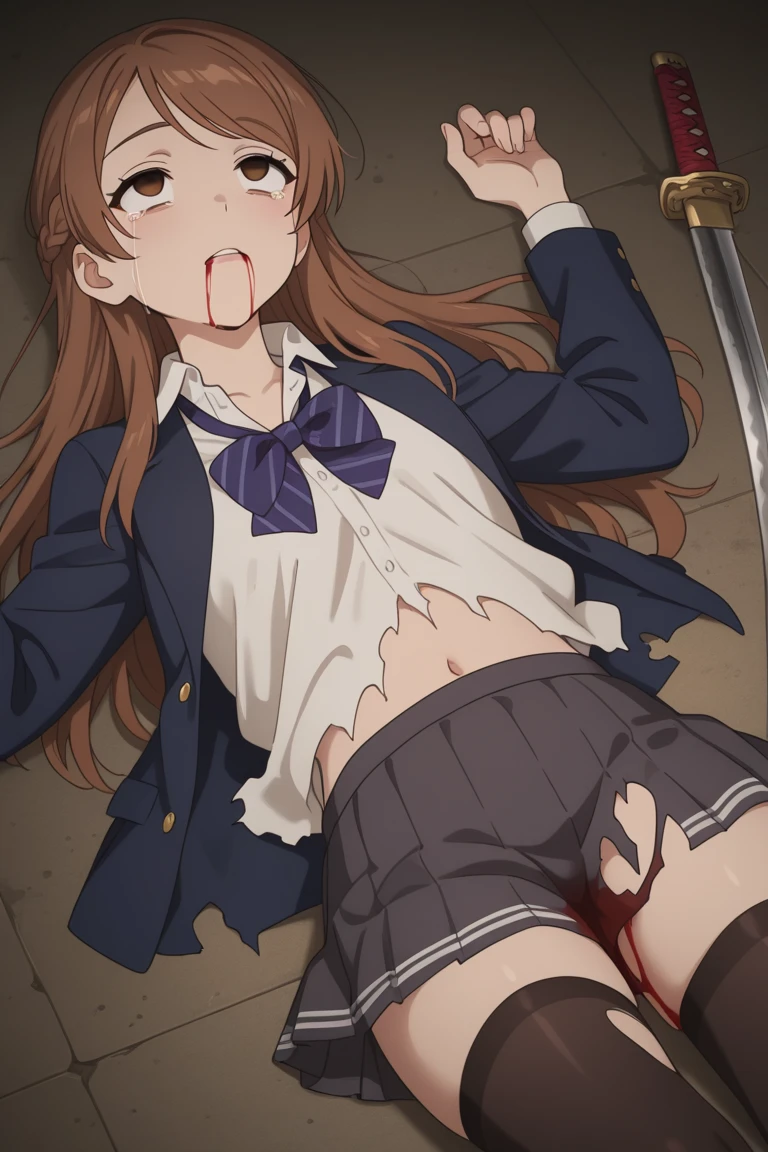 ((((((pieces fly, highest quality, highest quality, 1 girl, alone, beautiful anime、detailed images))))))、((((17 years old、thin、normal chest、thin太もも、dark brown hair、straight、long hair、brown eyes、round eyes、Clear type、)))),(((navy blue blazer、navy blue skirt、school clothes、)))、(((shed tears、disgust、despair、fear、bleeding from the female genitalia,、)))、((Lots of thick tentacles、sex、アナルsex、、、Creampie、the lower abdomen swells、))NSFW、image from the knees up、Research room