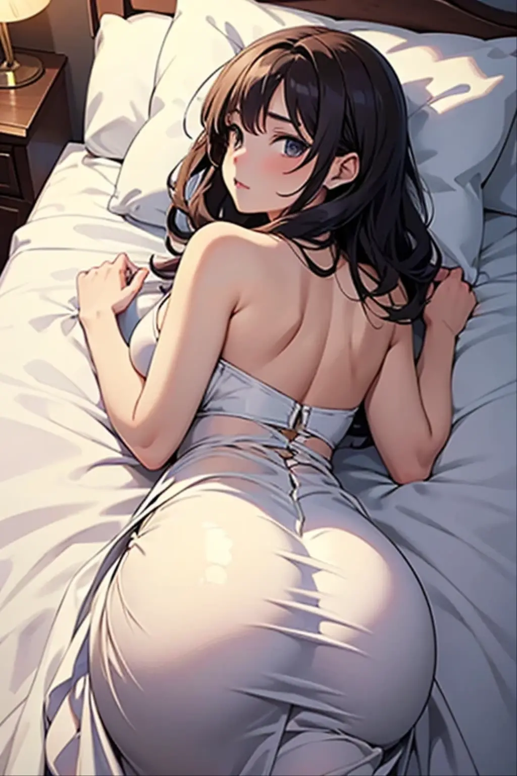 Girl with long black hair, lying on a bed, showing your ass to the camera