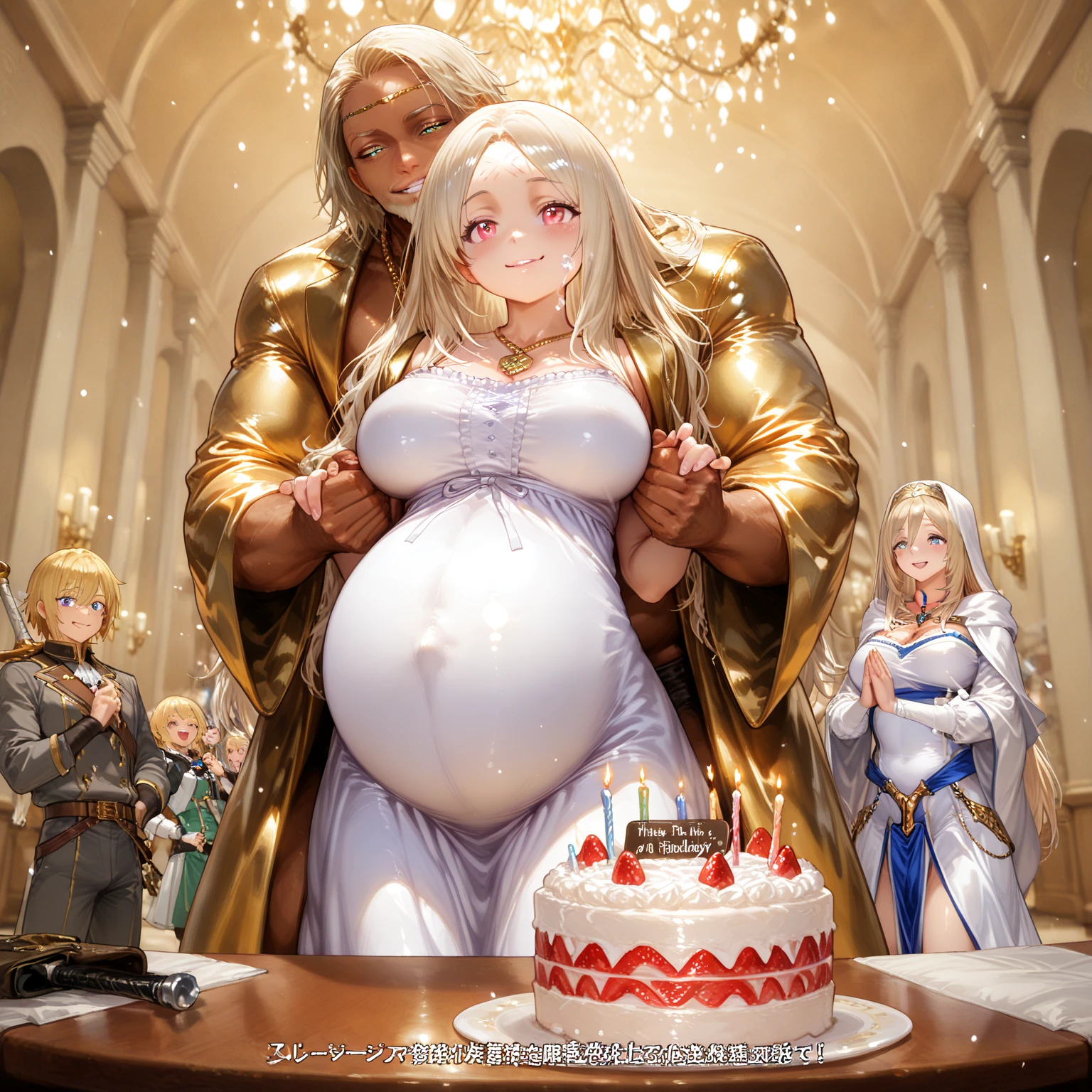 ((Highest quality)), ((masterpiece)), (detailed), (Perfect Face)、The woman is a vivid brown-skinned Egyptian named Tsukino Usagi, and is wearing a gorgeous, glittering Egyptian traditional dress with gold embroidery, a gorgeous hijab, gorgeous jeweled accessories and an engagement ring in a luxurious Egyptian mansion. The woman and the man are sitting on a luxurious, large sofa in the luxurious room, and the woman is being embraced by a dignified, bearded middle-aged man wearing Egyptian traditional dress, who is touching her breasts and crotch and kissing her.、The woman is the elegant Tsukino Usagi, with long blonde hair in a chignon twin tail. The woman is an Egyptian with vivid brown skin and wearing Egyptian clothing.、(The woman is the dark-skinned Egyptian Tsukino Usagi.)、the woman is pregnant、The man is a dignified, muscular, bearded, middle-aged Egyptian man wearing traditional Egyptian clothing.
