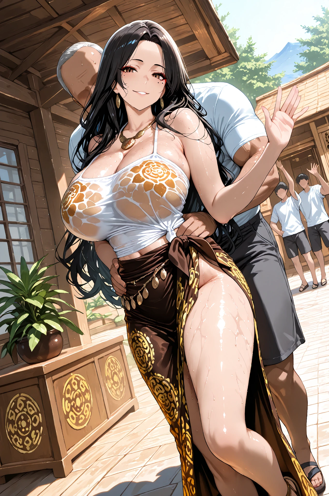A old man and a huge breasts girl in water fall stone, standing pose, detailed, black Oldman, beautiful girl, biting down lip, couple pose, realistic, high quality, huge breasts, bouncing breasts, couples, romantic waist gripping pose,HD,1080,