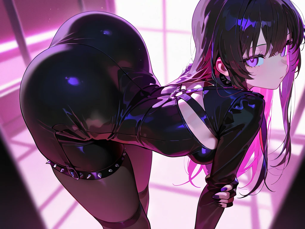 ???????????? and sticking out his ????、back、???? pose、black pantyhose、black tights、high heels、short skirt、glove、blush、D cup、???? pose、Excessive exposure of the upper body、Emphasis on the ????????、tongue out、thighs、thighs、thighs、Composition looking up ???????????