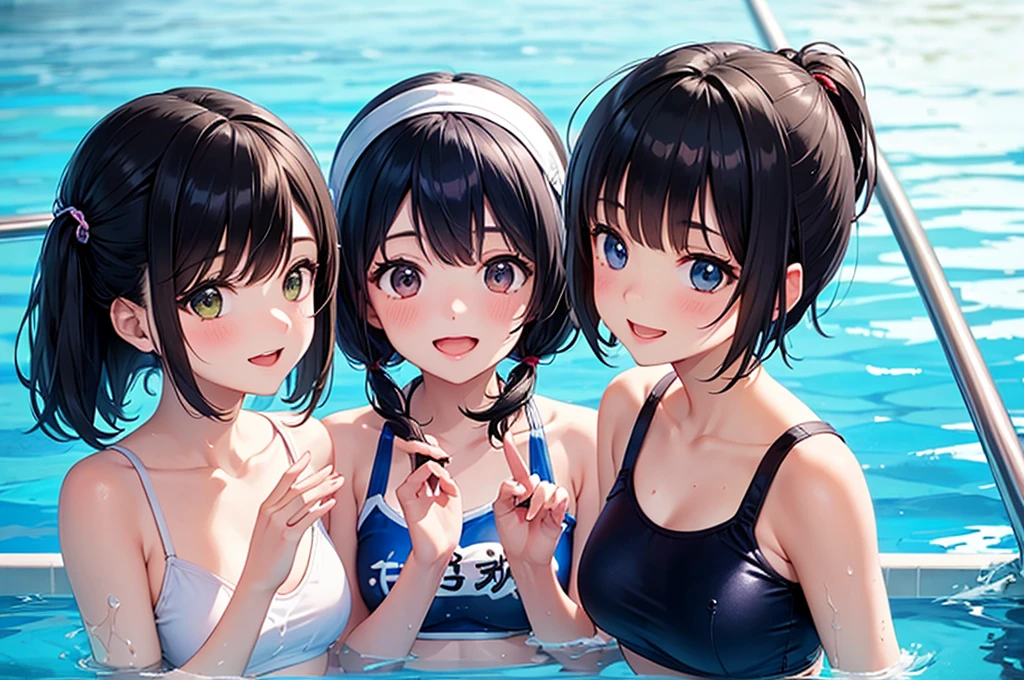Highest quality,masterpiece,Sexy Swimwear,School swimming pool,,Black Hair,Classmate,Smiling and teasing the boys,Almost naked