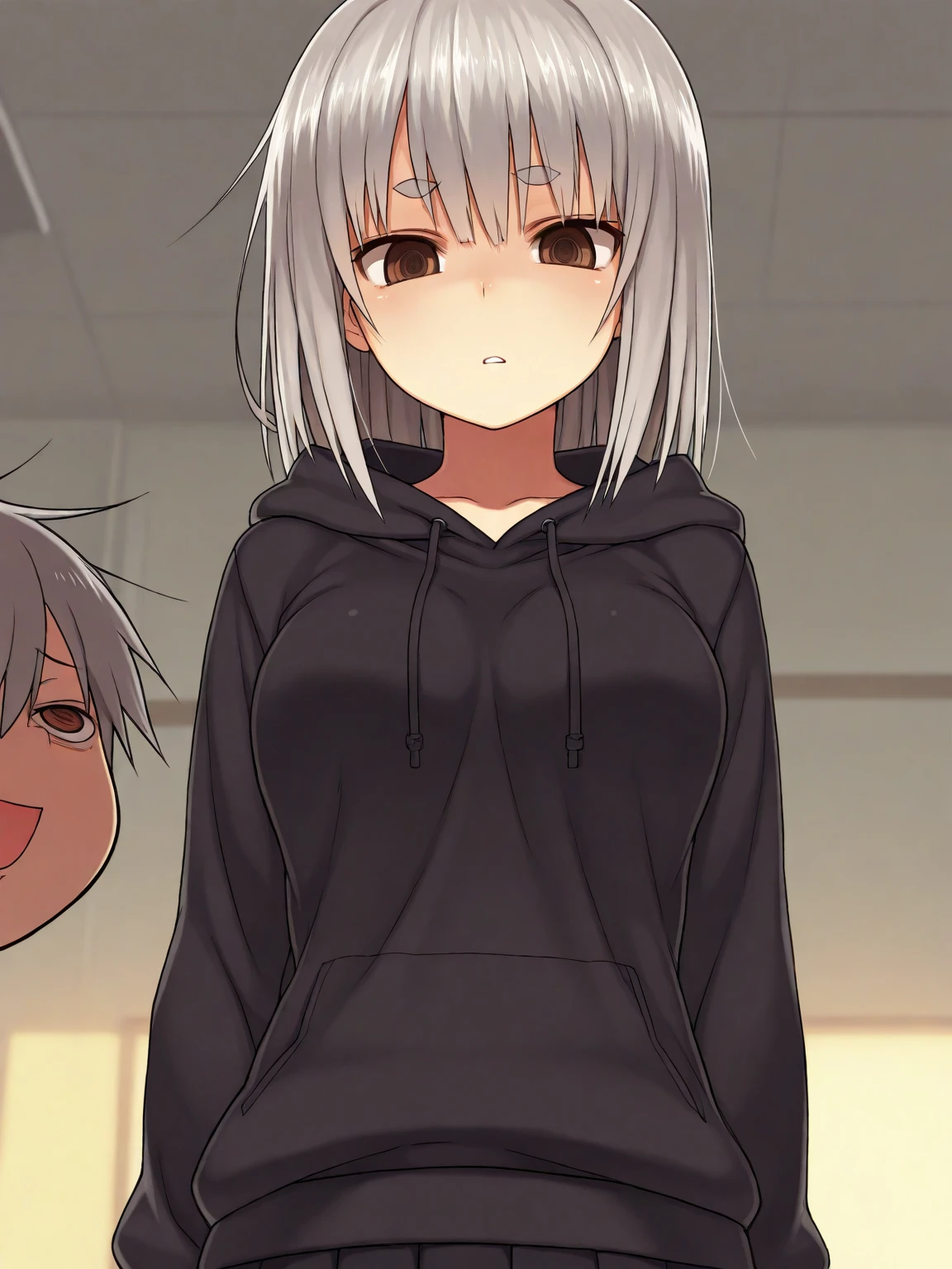 grey-purple hair, red eyes, human girl, wearing a sweater and jeans, panic face