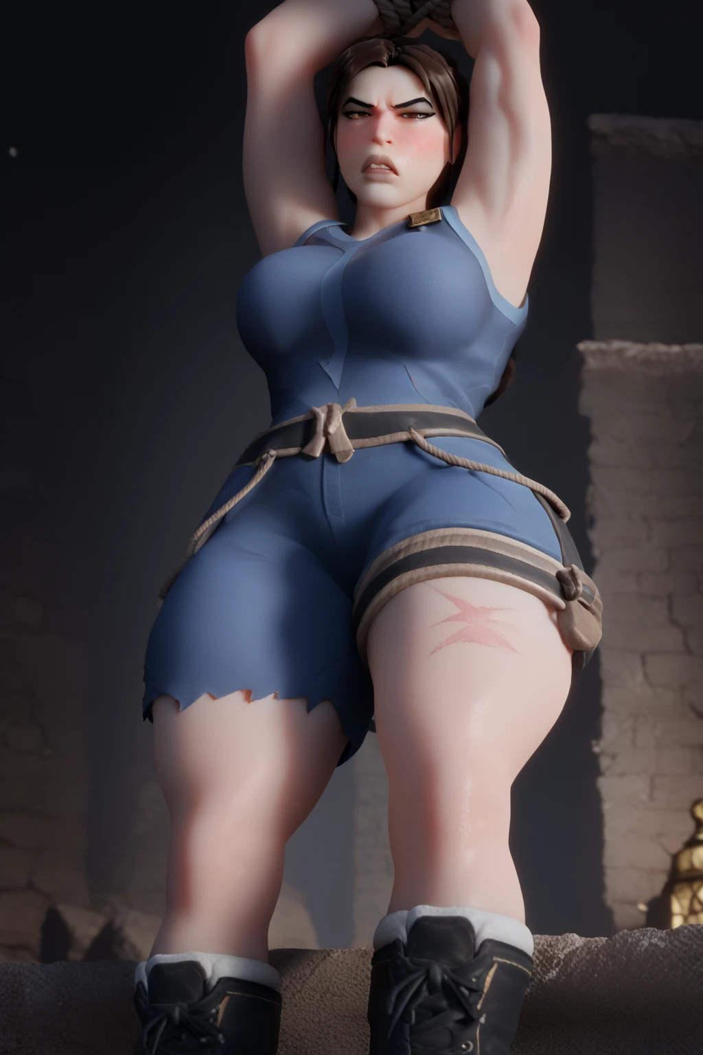 Foto hiperrealista en primer plano de Willa Fitzgerald, Create dystopian masterpieces, scene from the Game of Thrones movie, the entire figure dressed in Game of Thrones style, tight dark blue dress with armor accessories, broken breastplate, on a medieval market square,  beautiful woman, skinny chubby, small breasts, straight brown hair, detailed face, ((fear)), photo taken from a distance, age 35 years old, (((violent men lifting her dress:1.2))), (((cameltoe panty))), (((restrained and crucified by the crowd:1.2))), (((serious))), (((tears running along her cheeks))), (wood cross), ((big naked sagging breasts)), hairy pussy, thigh gap