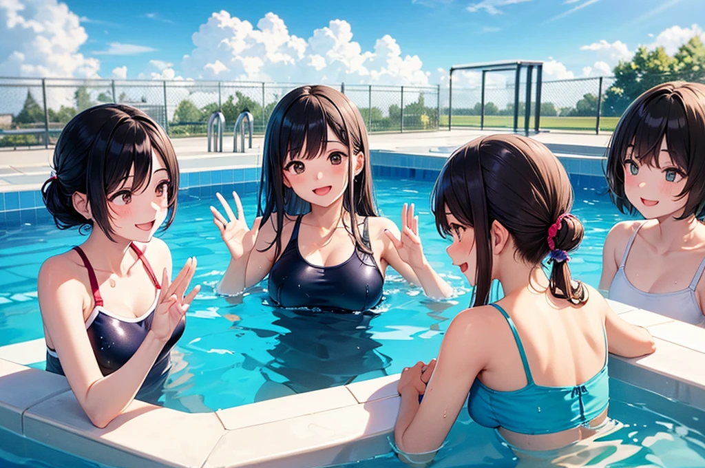 highest quality、High resolution、8K、Beautiful teenage girl、(three women)、sexy bikini、sailor school swimsuit,(white sailor collar)、Wet、Whole body gets Wet、water play spot、water play slide、water play event、sexual expression、smile、ponytail、cute hairstyle、Show 1&#39;~ side、emphasize cleavage、Water each other、laughter