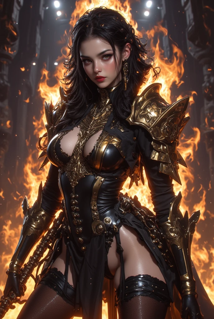 "Transport yourself into a world of fantasy with this visually striking digital artwork, showcasing a powerful female figure with fiery orange locks and a regal golden outfit, set against a backdrop of flames."