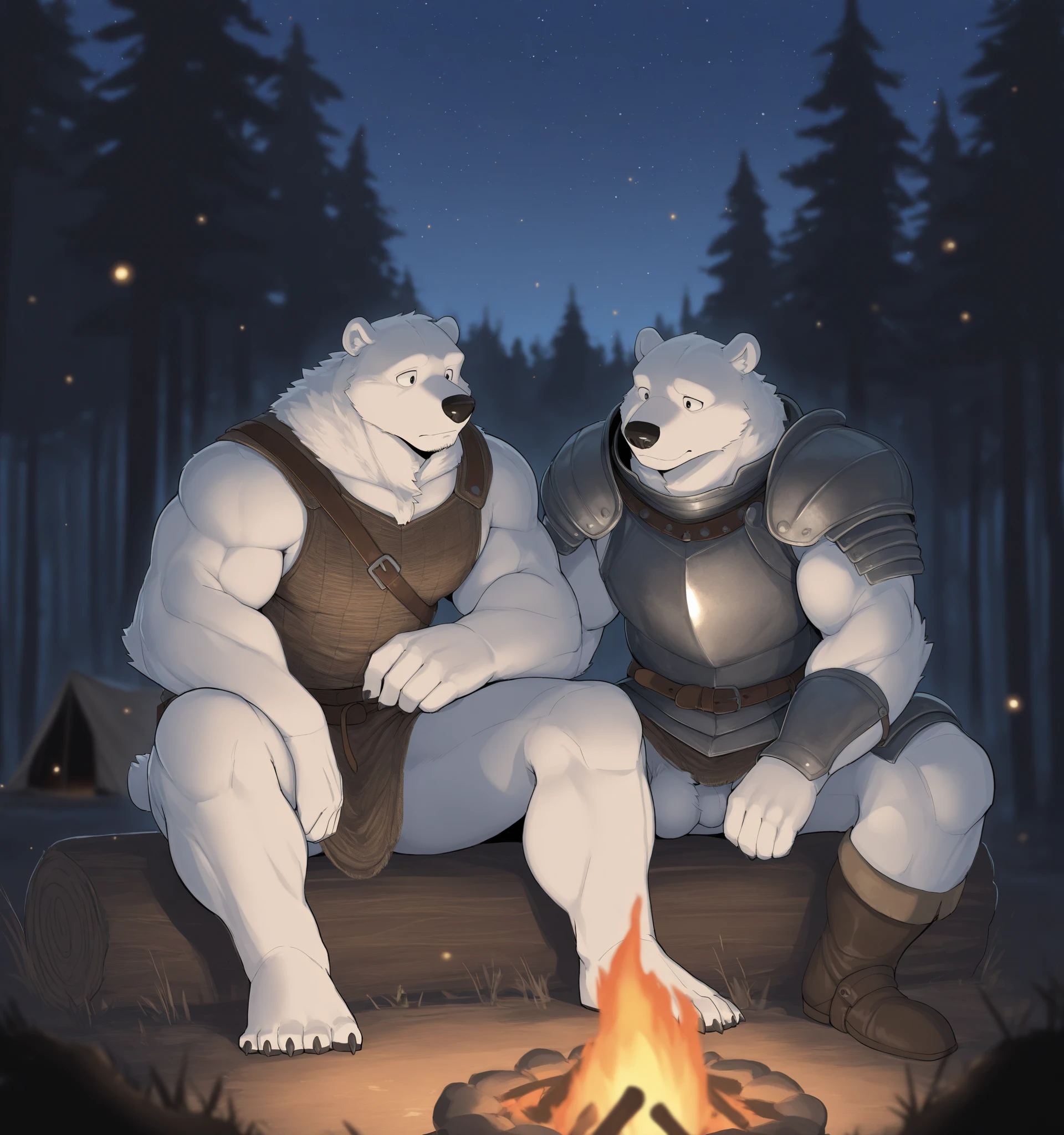 a male bear having sex with his rhino friend under a wooden bridge next to a campfire