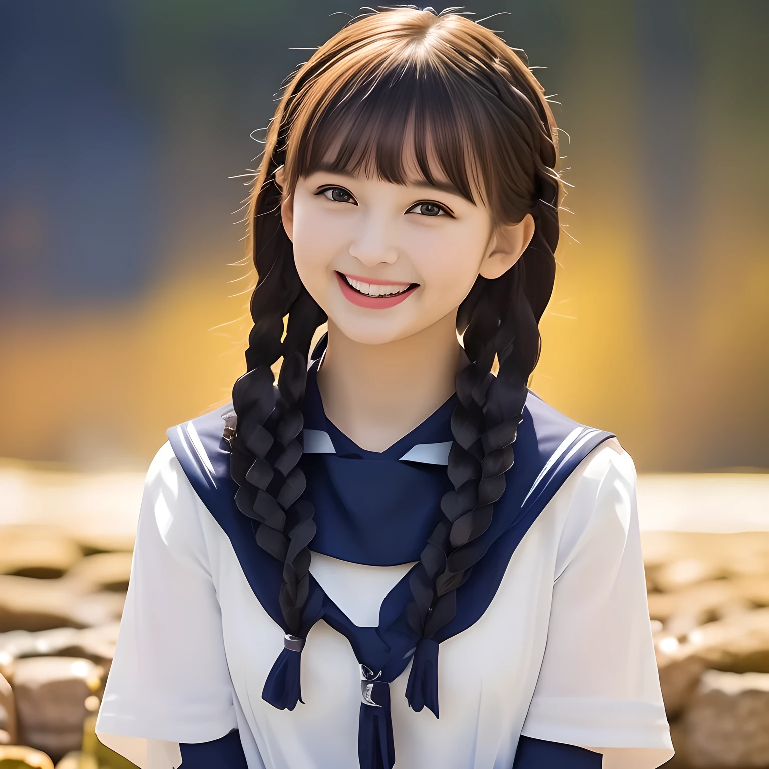 (highest quality, masterpiece, clearly detailed:1.5), highest quality, High resolution, 1080p, 8K, (Too beautiful, ((meek & conservative)) sweet ((beautiful girlish and Evolved with grace)), Epitome of maidenly decorum, ((Too much beloved)) noble grown beautiful beautiful girl with detailed, 165cm height, ((svelte silhouette)), Cloistered beauty, lewd mind, giving too much pleasure to my sensitive body's tip covered with beautiful hands and fingers, spoiling me by pleasure with detailed: 1.7), (laughing white face with unreal angelic beauty, overflowing with translucence: 1.8), (Pristine blue uniform, (Neatest (navy colored) sailor-style school uniform, navy sailor collar, shiny-blue sailor scarf, with detailed): 1.8), (Too beautiful dreamy eyes and neatness charm the viewer), (Giggling cohort background with many white lovely marks, clearly detailed foreground, with most beautifully detailed: 1.9), ((purity and neatness of pristine uniform is very impressing): 1.8), (focus on her internal mind: 1.9), (Beautiful brown eyes), (shiny black soft twin-braids styled hair ((in accordance with school rigid regulations)), bangs trimmed carefully, neat tight braids of school style: 2.0), (very fluttering high-tone voice: 1.0), (I can't stop discharging and draining everything to her by the beauty and pleasure, she enjoys about it and improves it: 2.0)