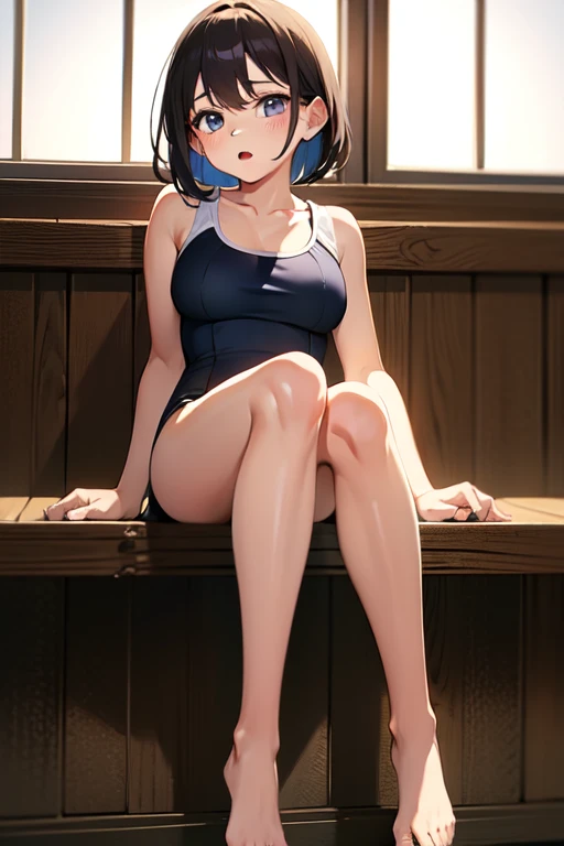 Residential Street,smile,Squat,1  ,ponytail,Black Hair,blush,Navy school swimsuit,barefoot,White skin,summer,From below,shy,Sweat,shy,