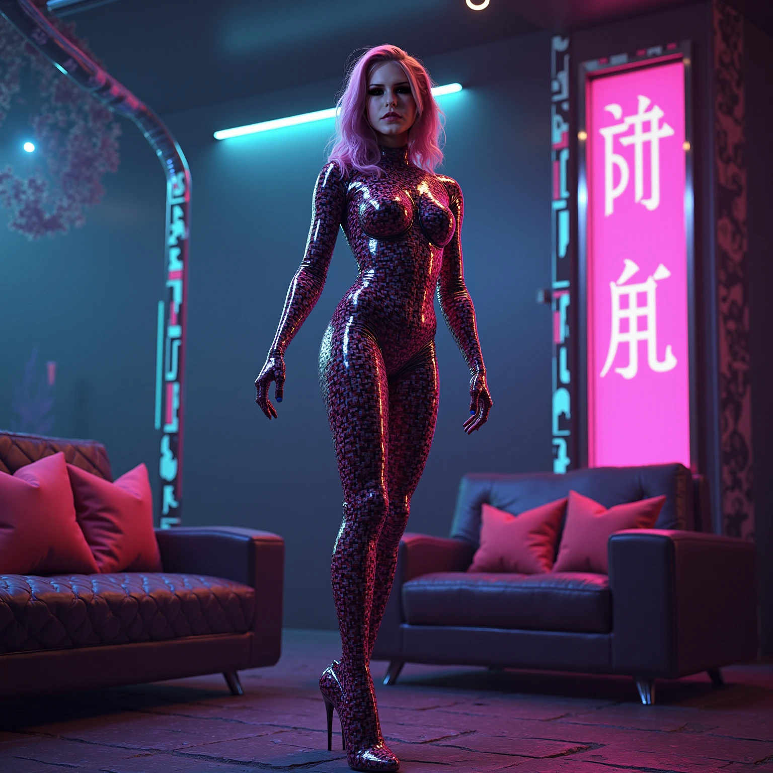 A wide angle shot of ((ahsokatano)) standing in a futuristic sci-fi room with a garden of roses al pink, full of circular neon lit rotating machines, sci-fi art, surrealism, artgerm style, 32k, ultra HD, unreal engine rendered, hyper-realistic image,