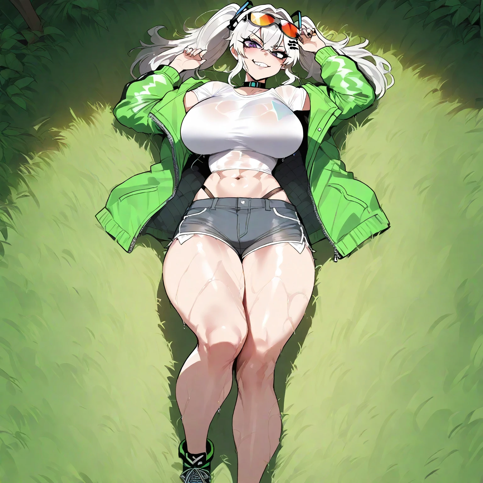 1girl, <lora:Hyper_Muscles_2nd_Edition_Pony:1> hyper-mscl, muscular female, hyper muscles,
open jacket, scarf, mittens, green pants, abs,
mountain, snow, mountainous horizon, arms behind head, smile, blush stickers, 
 <lora:Bunny_Girl_Midori_OC_for_Pony:0.6> midori, small , rabbit ears, rabbit girl, green hair, short hair, bob cut, hibiscus hair flower, green eyes, PonyScores7,