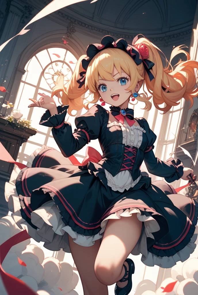 "A cute and cheerful girl with a bright smile, wearing Santa clothes and dog ears, is standing in front of a cookie house. She has beautiful blonde hair, black eyes, and an open mouth barking joyfully. The full body shot captures her joyous energy and playful personality, and she is looking at the viewer with a friendly gaze that will warm your heart."