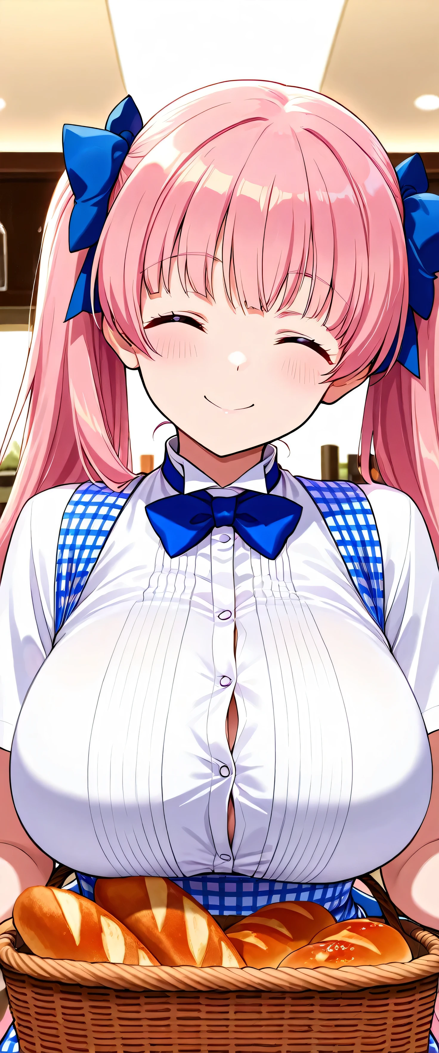 (beautiful girl: 1.3),masterpiece,Please redeem,Ultra-high resolution,Rich contrast,Very high quality,8k,Highly detailed CG unit wallpaper,Texture,So ridiculous,RAW Photos,Please redeem anime,Depth of written boundary 1.2,nodoka_haramura, 1girl, pink hair, twintails, long hair, ribbon on twintails, huge breasts,crew, blue bow, blue bowtie, white shirt, short sleeves, blue skirt, blue apron, gingham apron, employee uniform, high-waist skirt, waitress,kobeya uniform,restaurant,carrying freshly baked bread in a basket,closed eyes,smile,Open your mouth wide,(upper body:1.5)