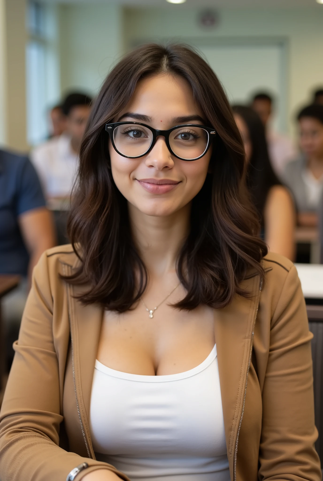 A Brazilian young woman, 18 years old, sitting in a university classroom. She has a slim build, medium-length wavy brunette hair, light brown skin, and natural makeup. She wears stylish glasses with a black frame, a light brown casual jacket, and a white shirt underneath. She's looking directly at the camera with a confident, calm expression. The background shows a classroom environment with soft lighting and a few blurred students seated behind her, not looking at the camera. The focus is on her face and upper body, realistic lighting and shallow depth of field, natural and academic setting, university ambiance, realistic photo style, no filters,  professional, 4k, Highly detailed dynamic lighting, photorealistic, 8K, raw, rico, intricate details , desnuda, 