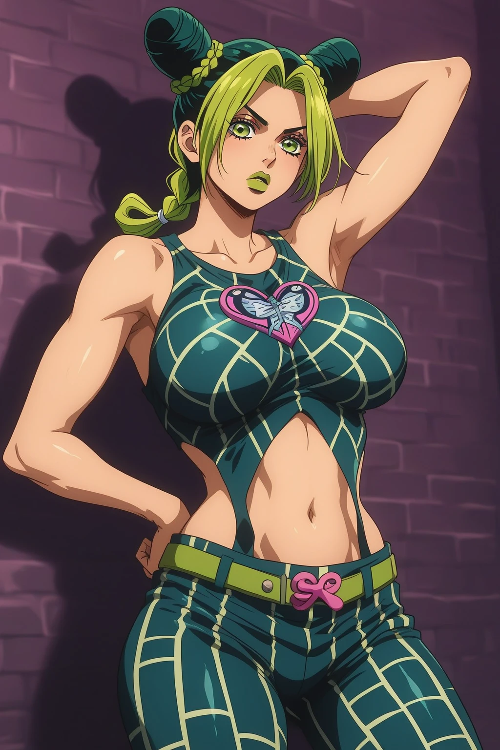 Best quality, masterpiece, ultra high res, 1girl, sexy, in the dark, deep shadow, low key, cold light, milf, green short hair, dynamic light, cinematic lighting, cinematic lighting, down blouse, mature woman, middle parted hair, bikini, gold chain,natural breast, upper body, milf, samui, simple smile, armpits visible, detailed armpits, sweaty armpits