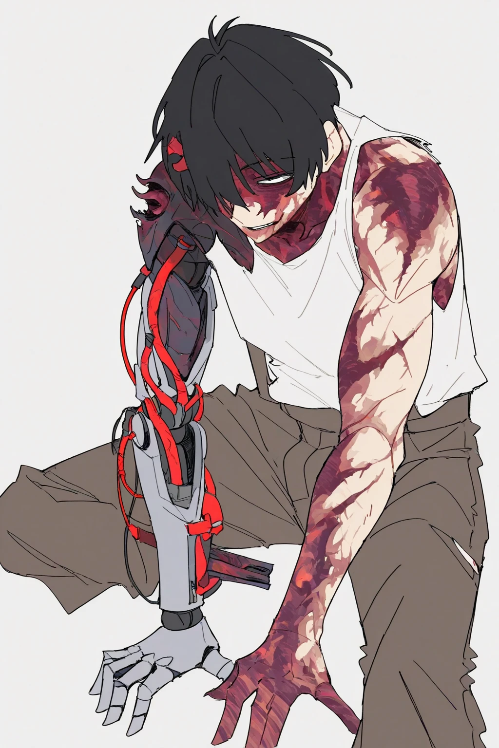 (masterpiece, best quality:1.2), <lora:csm_denji-10:1>, solo, male focus, 1boy, chainsaw man, chainsaw, sharp teeth, open mouth, tongue, white collared shirt, (blood_on_clothes:1.2), black necktie, black pants