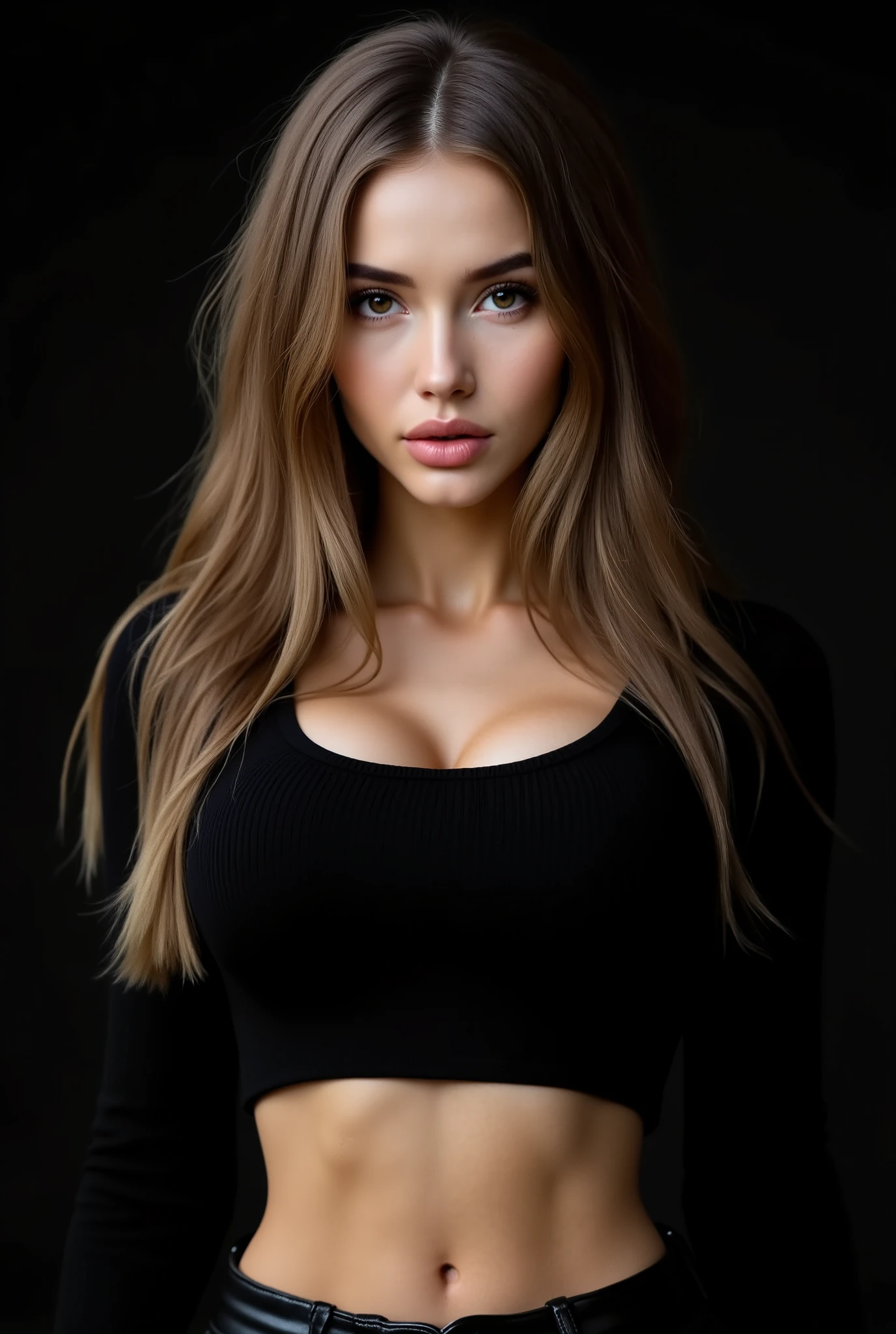  a young beautiful woman with straight dark blonde hair, (in ribbed crop top and leather pants on dark monochrome backdrop), (fine facial features), Tousled luxuriant hair, Supermodel, wavy hair, High resolution, (Masterpiece, Best Quality, High Quality:1.4), Intricate Details, sharp focus, detailed photograph, photorealistic lighting, trending on pixiv, trending on ArtStation, (soft lighting, vibrant colors:1.05), stylish dress