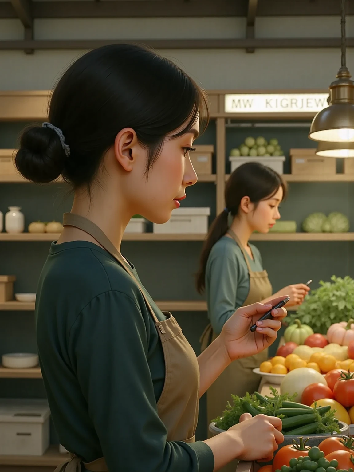 Masterpiece, best quality, (Action-packed:1. 2), (beautiful girl seller:1. 2), (sells goods:1. 2), (a counter and shelves with goods in the background:1. 3), incredible detail, highly detailed, composition, ultra-detailed, light leaks, trending on artstation, sharp focus, Absurdres