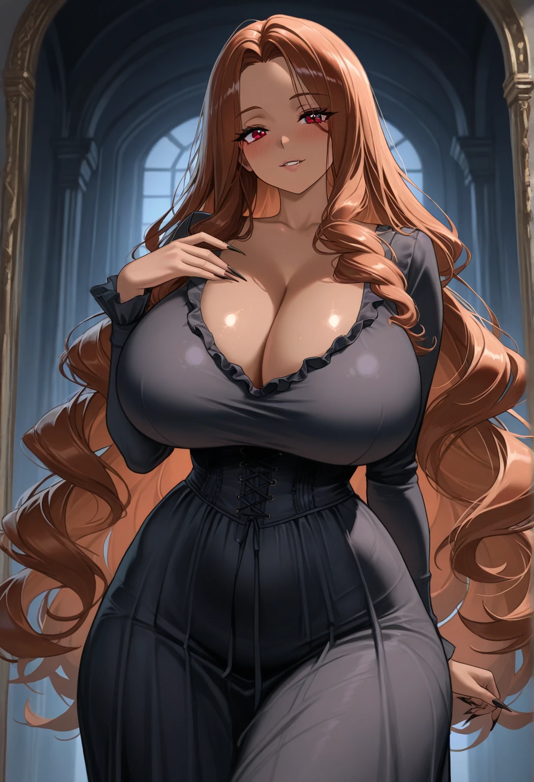 asuna yuuki, long hair, brown hair, (brown eyes:2),(extremely oversized boobs:1.8), smooth curvatures, (Best quality, 4k, Masterpiece :1.3), beautiful woman, hyper realistic, 1girl, (droopy breasts, massive areola, gigantic breasts, attractive plump body :1.4), (extreme cleavage)sit-ups :1.1, (long wavy bright orange hair: 1.4), (wet rainy, wet by rain, wet body :1.2), ultra-detailed face, detailed lips, detailed eyes, double eyelid, sensual low-necked dress, open neckline, (hanging breasts:1.2), side pose, visible curves, silver transparent robe, visible huge wet cameltoe, muscular turned leg, chubby body, perky teats, (pushed breasts, squeezed breasts), huge hips, big buttocks, thick thighs, extreme hourglass figures, seductive pose, plus-size, mamma-size, milf, (embarrassed and aroused:1.2),