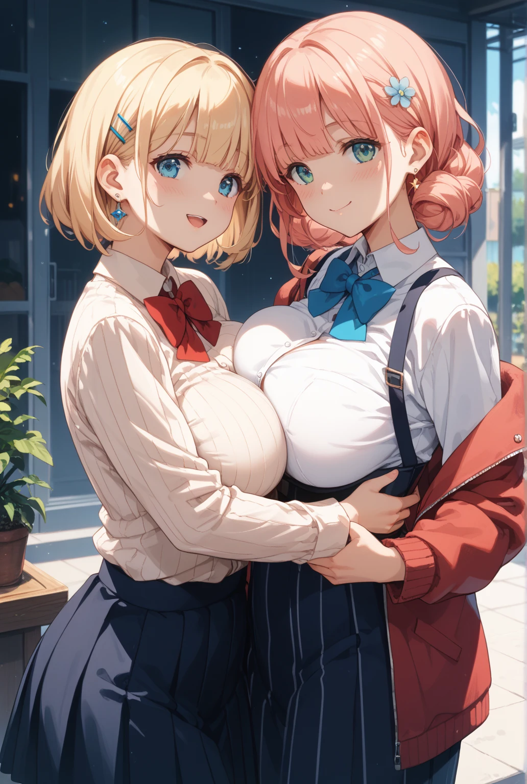 masterpiece, Highest quality, High resolution, ＪＫ,huge tit,One girl,black bow,black bowtie,Blonde,bow,bowtie,chest,Hair Bun,Hand in hand,Intertwined fingers,Long Hair,View your viewers,1人のboy,boy,hug,Pink Hair,pleated skirt,Tucked in shirt,short hair,skirt,smile,Tent shirt,breast grab