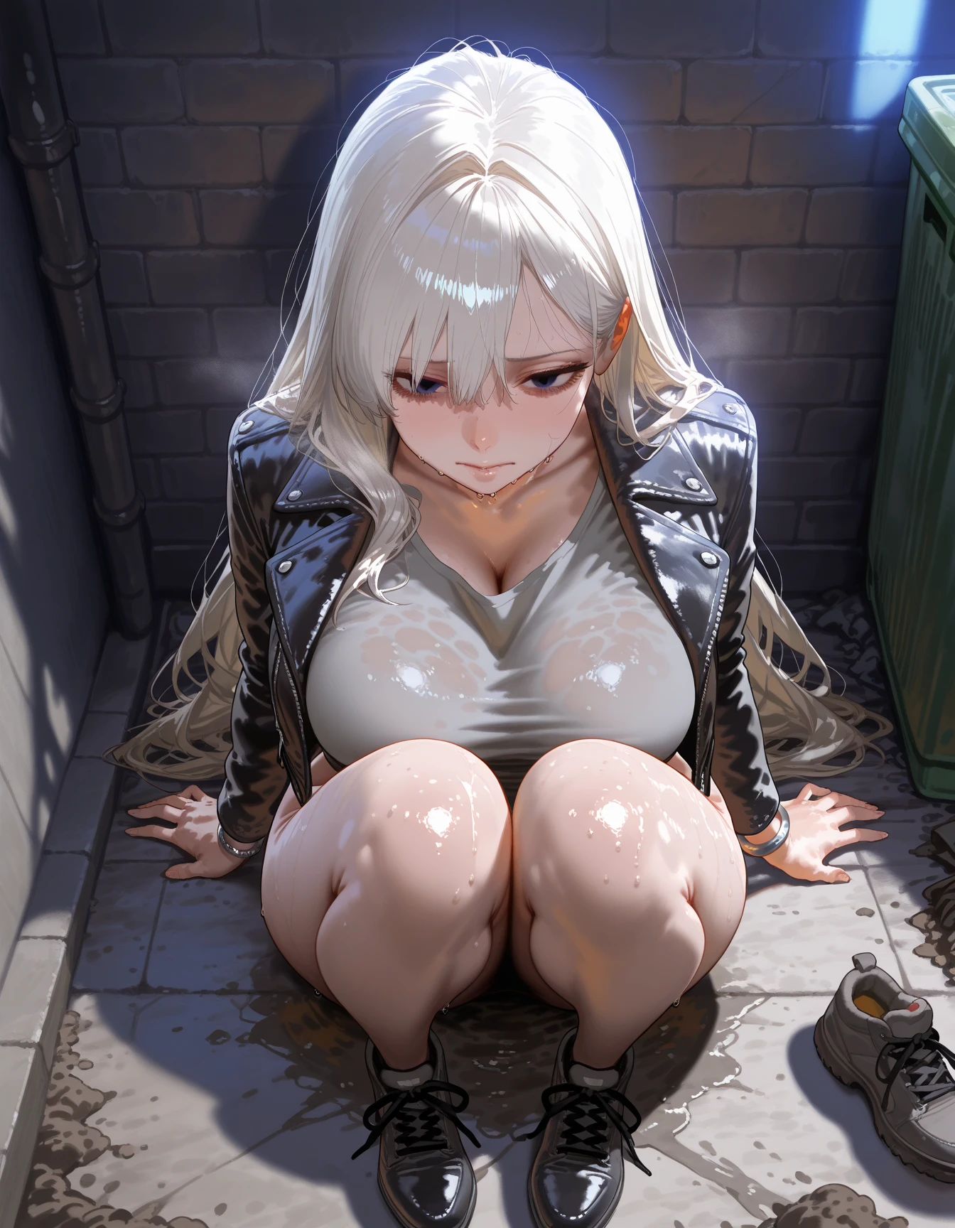 NSFW, 8k, Perfect Anatomy, Exact number of legs, Exact number of arms, masterpiece, high quality, best quality, high detail, detailed light, best shadow, textured skin, (Anime), (blush), (closed mouth), disdain, disgust, ((orgasm, love juice)), slender, big breasts, ((1girl, solo, minato yukina, long_hair, bangs, silver hair, pale skin)), ((looking at viewer)), ((restrained)), (tied, shibari, tied up with rope:1.5), ((big breasts)), thighs, ((erected nipples)), belly button, (armbinder, bound arms:1.4), (arms behind back:1.5), (spread legs:1.4), (sitting on the toilet bowl:1.5), ((toilet)), (pee, peeing, piss:1.3)