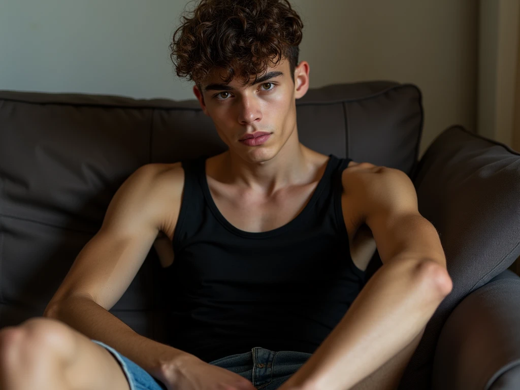 Create a photo of a shirtless short black haired boy with big woman&#39;s breasts sitting on a couch 
