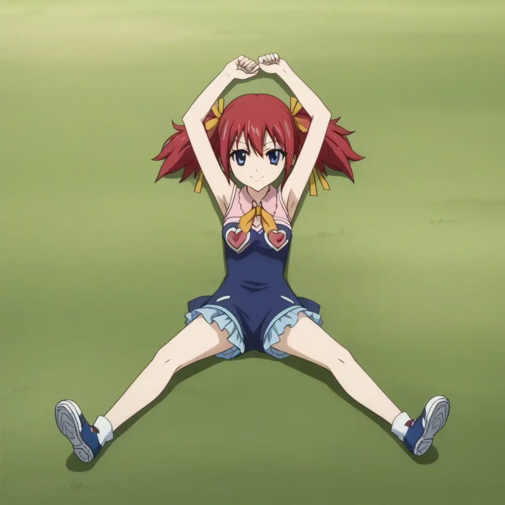 chelia_blendy, source_anime, rating_safe, intricate details, anime screencap, anime coloring, 1girl, solo, red hair, blue eyes, ribbon, hair ribbon, twintails, short twintails, looking at viewer, high quality, solo, lying, on back, arms up, spread arms, closed mouth, on grass, center, full body, looking at viewer, suggestive smile, best quality, spread legs,