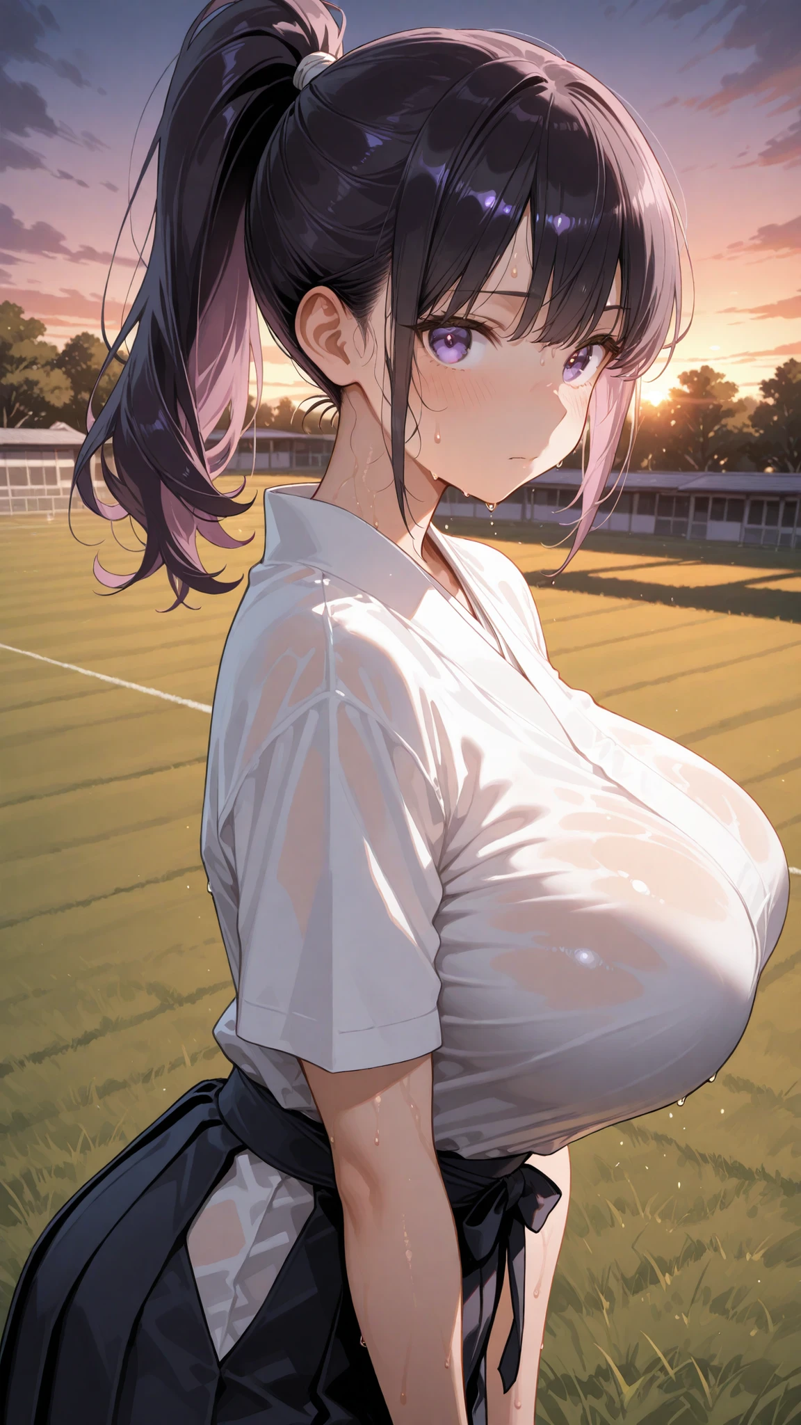 (topless), nsfw, masterpiece, 1 girl, erect nipples, nipples, navel, necklace, maid skirt, waist apron, smiling, bare breasts, bare stomach, sweaty, cowboy shot, large breasts, puffy nipples, hair ribbon, texts, bare arms, hands on waist, elbows, happy, outdoors, audiences, crowd, stadium, track field