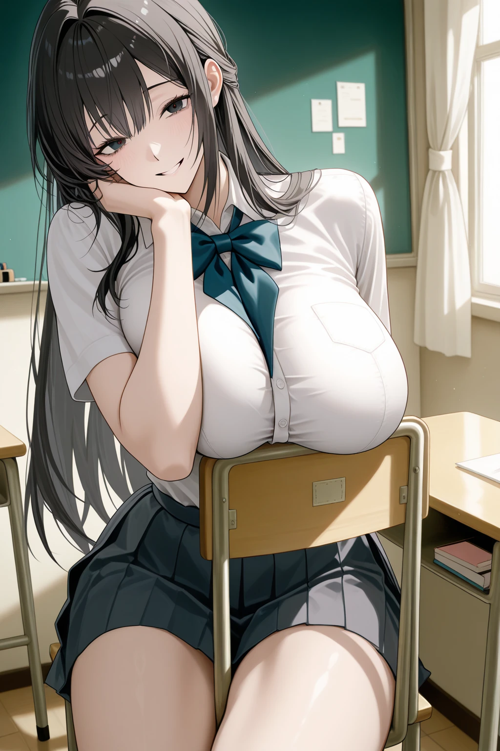 masterpiece, Highest quality, In detail, Pleated skirt, (school uniform), Huge breasts, Cleavage, classroom,