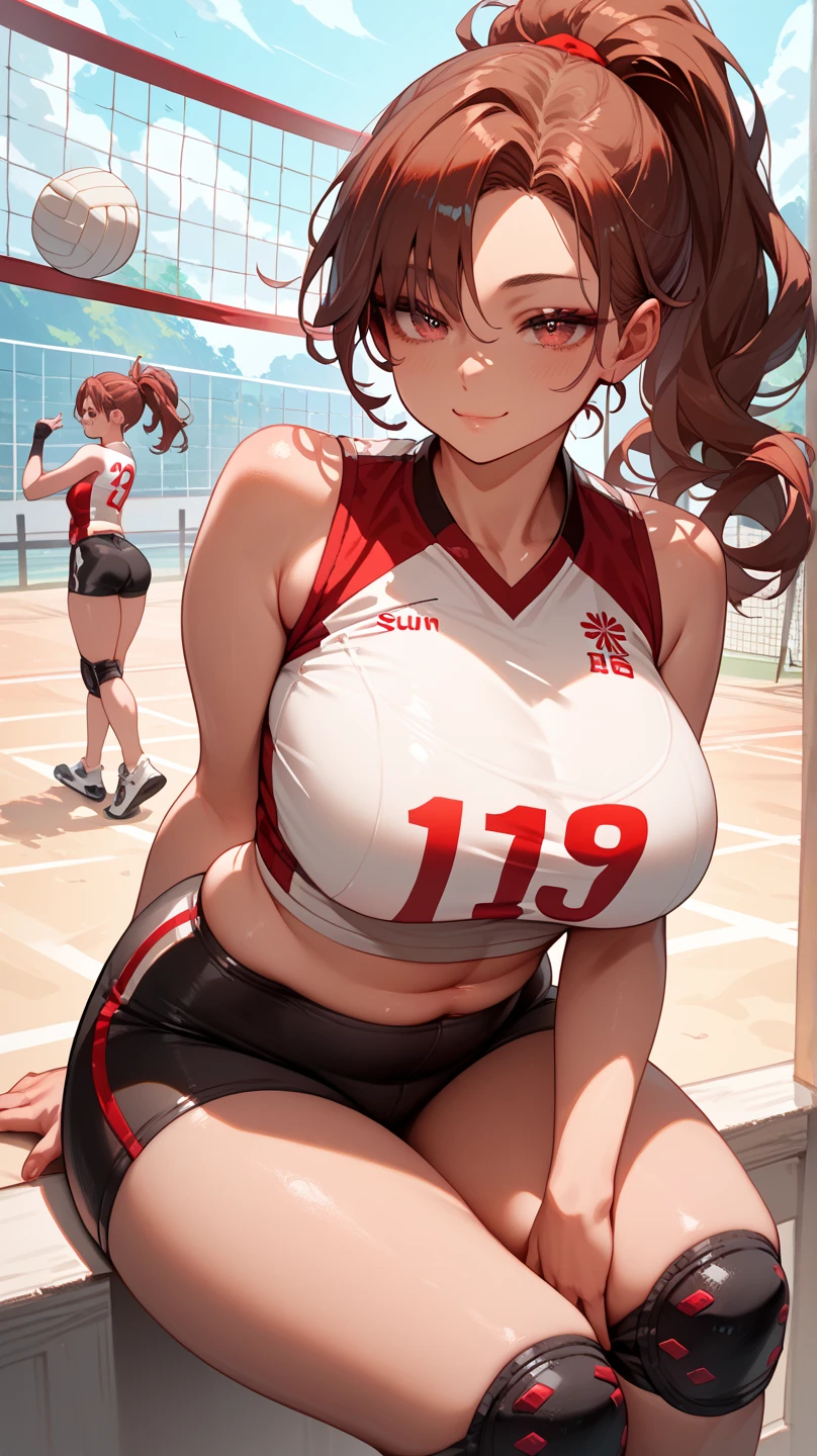 masutepiece、Best Quality、ultra-detailliert、hight resolution、8K Wallpapers、Perfect dynamic composition,、Beautiful detailed eyes、(Volleyball uniform:1.3)、Dark brown wavy hair、Shorthair、(Beautiful Large Breasts:1.3)、Natural Color Lip、Bold sexy poses、cute smile face、20 years girl、Sexy shot looking at camera、Gymnasium、Volleyball Court