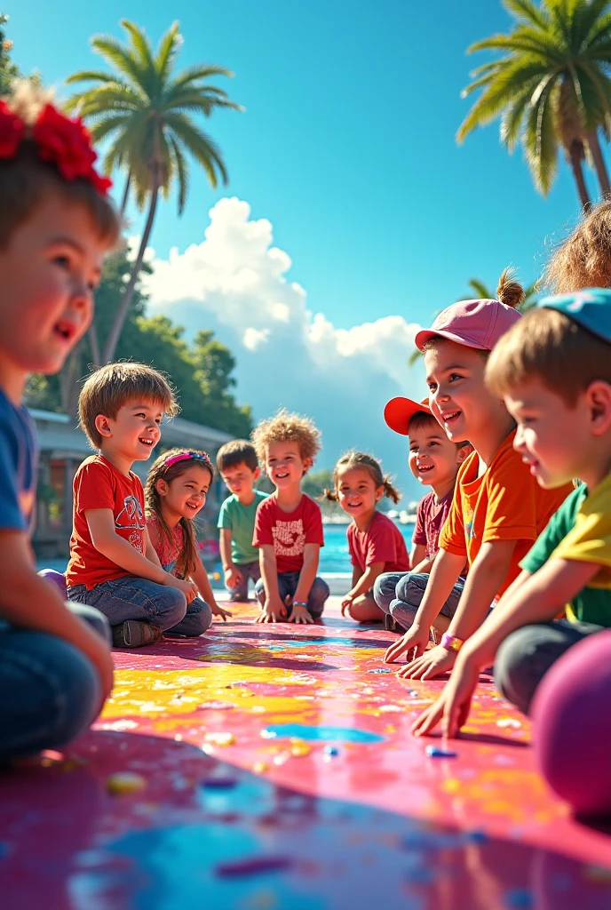 Happy children at color festival squeezing paint from inside a latex glove