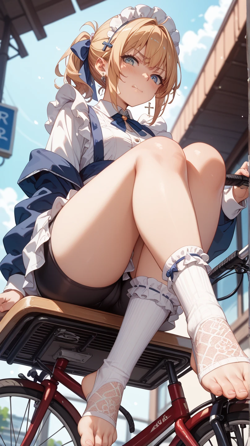(A beautiful young Japanese woman), nsfw, Detailed Background, (((独奏:1.5))), ((Excellent anatomy: 1.2)), (Golden Hair, Short pigtails), flat chest, (dark skin:1.2), (green eyes:1.3), (Short), (Beautiful Eyes), (A plain white shirt with short sleeves), (Sky blue bow:1.3), (Dark blue checked mini skirt:1.5), (loose socks:1.3), (loafers), (Embarrassed and blushing), (Golden bracelet), (Hair Accessories), Gold Necklace, Earrings, Sitting in an outdoor café, wooden table and chairs, Beautiful thighs, Drinking iced coffee, panty shot, (show off panties:1.5), (Lift your skirt yourself:1.2)