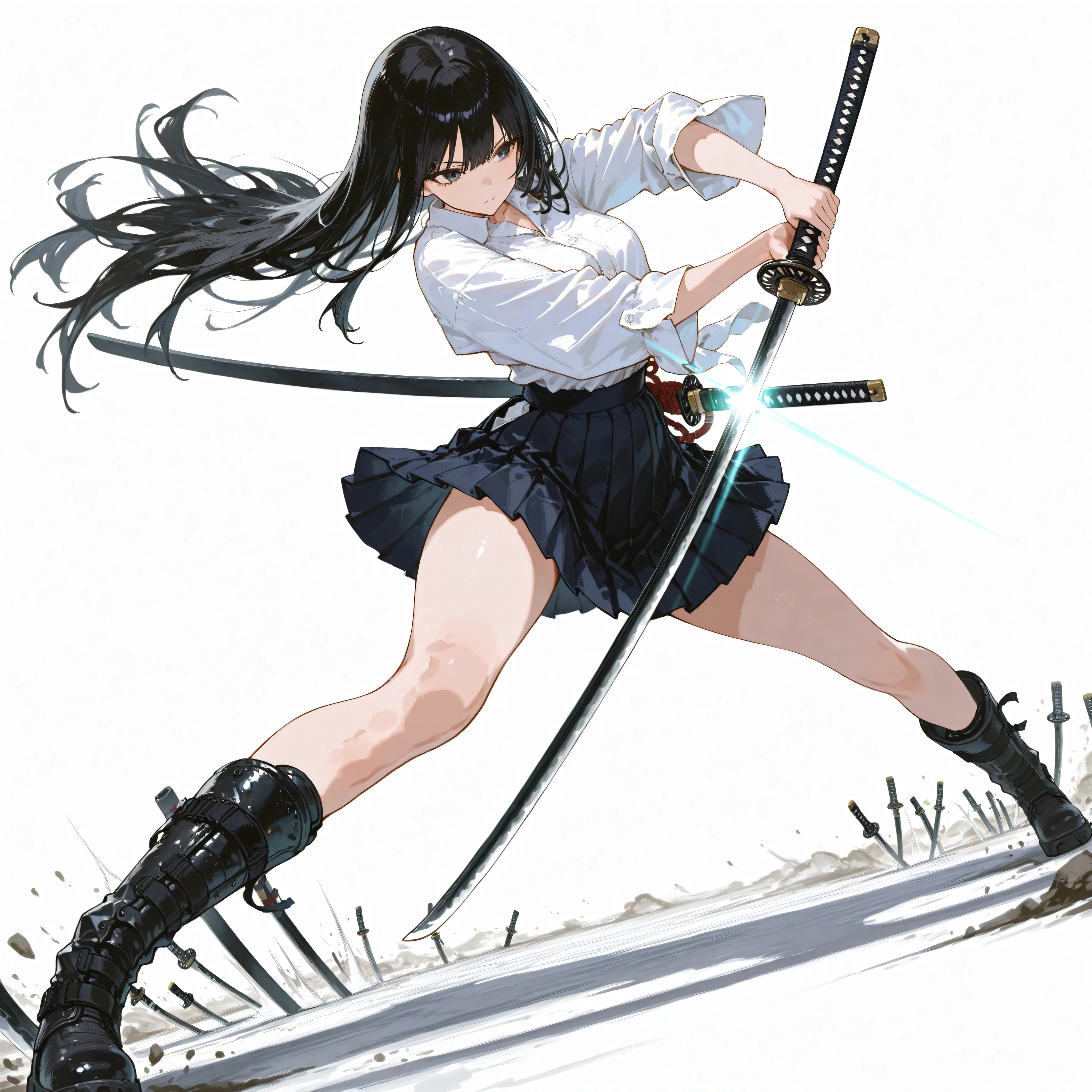 katana,Japanese woman wearing blouse shirt and miniskirt, Long Black Hair, , Disconnect, excessive pressure, pleated skirts reversed dynamically, Tactical Long Hard Boots, has Japanese swords , Pose, dynamic angle, Preparing for Battle, ダイナミックPose, random background, white background//uniform/