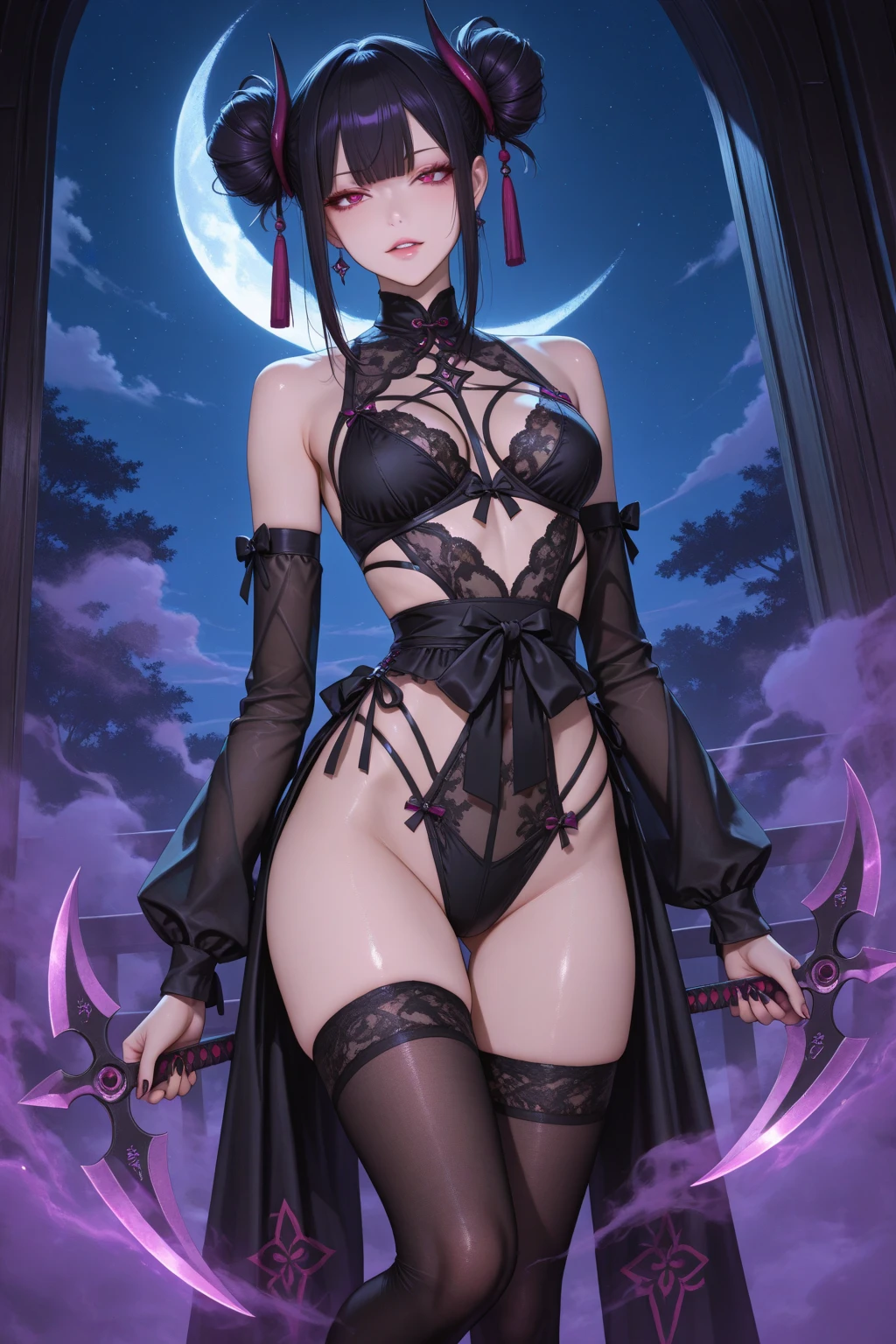 (masterpiece, top quality, best quality, official art, beautiful and aesthetic:1.2), 8K Wallpaper, (1 girl:1.4), extreme detailed, highest detailed ((ultra-detailed)), (highly detailed CG illustration), ((an extremely delicate and beautiful)), beautiful scene, dark fantasy, Forest of Curses background, night, (from front),
((1mechanical girl:1.2)), (loli:1.5, child:1.5 10yo:1.5), ((Perfect hands, Detailed fingers, Detailed eyes, Perfect legs, Detailed legs)), solo, full body, ((machine made joints:1.3)), Doll limbs, Doll Body, ((mechanical attachment to neck:1.2)), (standing:1.3, standing pose, upright stance), expressionless, (character focus), Perfect Anatomy, , revealing clothes, bare waist, knee-high boots, thong, lace panties, side tie panties, low rise panties:1.3), (Flat chest:1.5),
((Frilled hood:1.4, KITSUNE mask Person wearing KITSUNE mask on face:1.5, fusion gothic collar and gothic sleeves:1.3, gothic choker)), full-face-mask, hood up,
((holding chainsaw:1.3, extremely huge chainsaw in hands:1.2, mechanical circular saw)),
(Very decorative intricate horror fashion, overly decorative fashion),
fluffy bob cut hair, (Blunt bangs), ((purple hair, black inner hair:1.3)), (medium bob hair), pale skin,
(Forest of Curses background, a woman standing on the blood), looking at viewer,