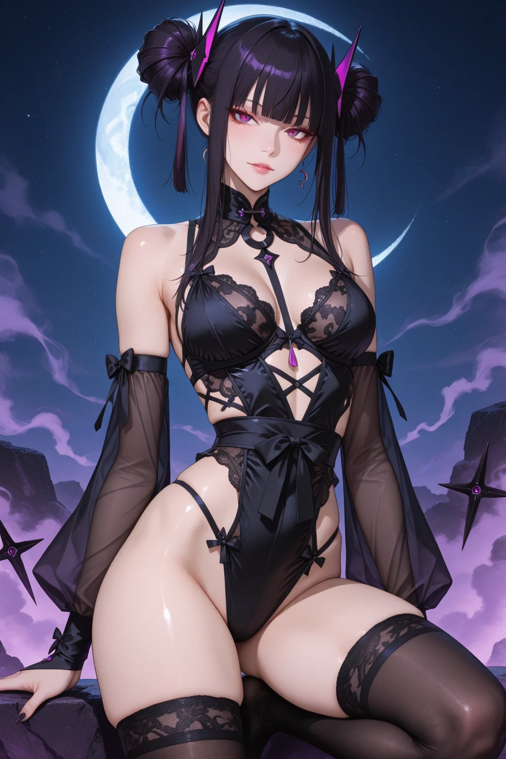 monamegistus, mona, blue eyes, hair between eyes, twintails, very long hair, purple hair, hat, (small breast:1.2), witch hat,
BREAK black bodysuit, black gloves, blue sleeves, bodysuit, black pantyhose,capelet, covered navel, detached sleeves, gloves, high heels, leotard, long hair, long sleeves, multicolored sleeves, purple capelet, purple sleeves, strapless, strapless leotard,
BREAK outdoors, night, waterfall,stars,moon,starfall,nature,
BREAK looking at viewer,
BREAK (masterpiece:1.2), best quality, high resolution, unity 8k wallpaper, (illustration:0.8), (beautiful detailed eyes:1.6), extremely detailed face, perfect lighting, extremely detailed CG, (perfect hands, perfect anatomy),