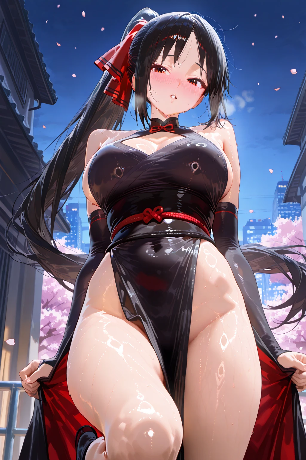 visible areola, transparent micro bikini, wet, hands on chest, transparent, looking at the viewer, hair ornament, choker, shy, (masterpiece, top quality, best quality, official art, beautiful and aesthetic: 1.2), (1 girl), extremely detailed, colorful, more detailed upper body, bottom, cameltoe, tiny transparent lingerie, full body, wet crotch, (breasts: 1.2) squeezed breasts, high heels, Thigh open, one leg up, sensual, crouching, amberrnd, red bow on top of headpiece