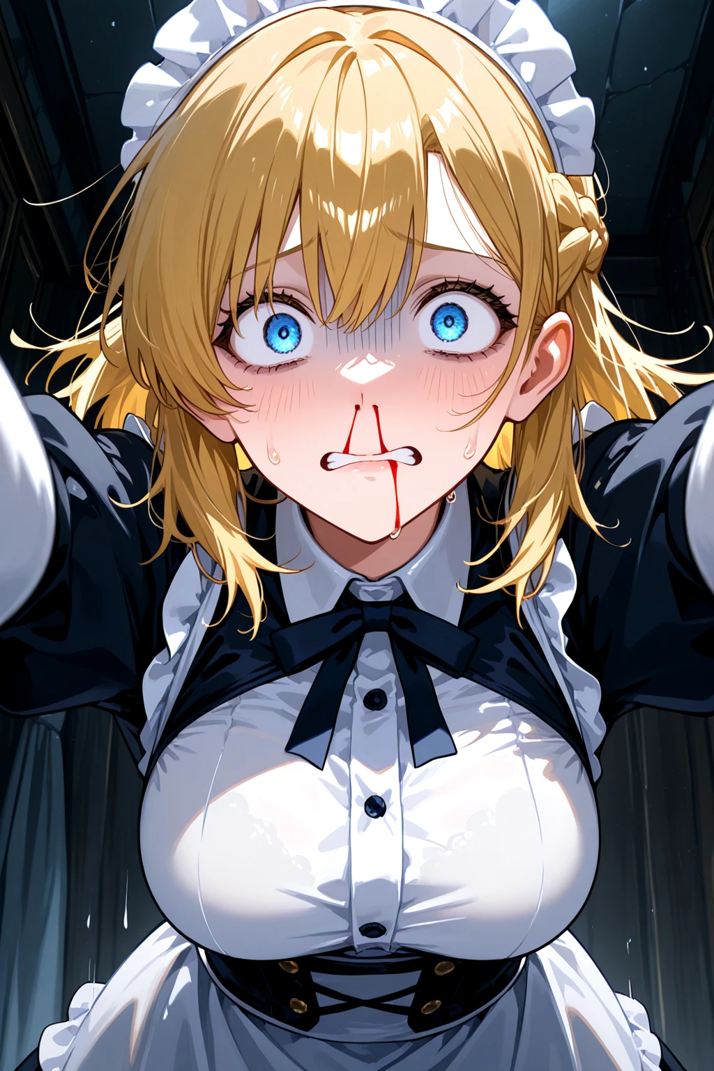 (masterpiece, best quality),((extremelyintricate)),(8kbestqualitty),  (asian:1.1),  (from above:1.6) (covered in cum:1.2), (arms behind her back:1.4) , (looking up:1.4), side by side, beautiful faces, eye contact, submissive slut, posing, blushing, choker, tattoos, slutty outift, wavy hair, waifu, on the bed, golden hour, collar, pink rose hair, pig tails, tied up hair, (messy hair:1.2), (submissive:1.6) high waist, slim figure, soft skin, soft clothing, submissive outfits, stockings, linen shirt, beautiful outfit, see through shirt, sexy maid dress, tongue out, mouth open, cumshot, drooling tongue, sexy ahegao face, ahegao, cum on tongue, cumshot, covered in cum