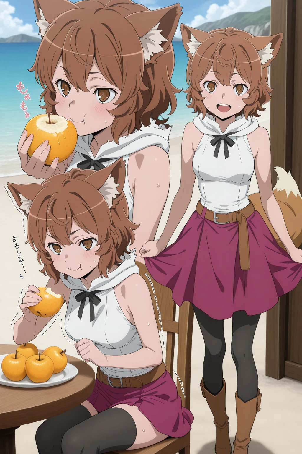 (Aoi Inuyama), (NSFW), thick eyebrows, long hair, fangs, skin fangs, light yellow hair, (green eyes), (side ponytail), (hair ornament), (hair bobble), (highest quality), ( dog ears), (brown dog ears), (floppy ears), (Wonder Puppy Cosplay), (fur choker), (fluffy fur fuzzy crop tube top), (fur fuzzy crop tube top: 1.1), (brown fuzzy crop tube top), (paw gloves), ((Dog costume)), (brown gloves), (brown cuffs), (fluffy cufflinks), (fur leg warmers), (brown leg warmers), (dog costume) (tail), (fur legs), (bushy legs) (brown tail), (bushy tail), (brown drawers), (fluffy drawers), (fur drawers), (blush), (ahegao), (climax), (futanari), (erect penis), (ejaculation), (watery eyes), (tongue out), (thick sperm), (drooling),