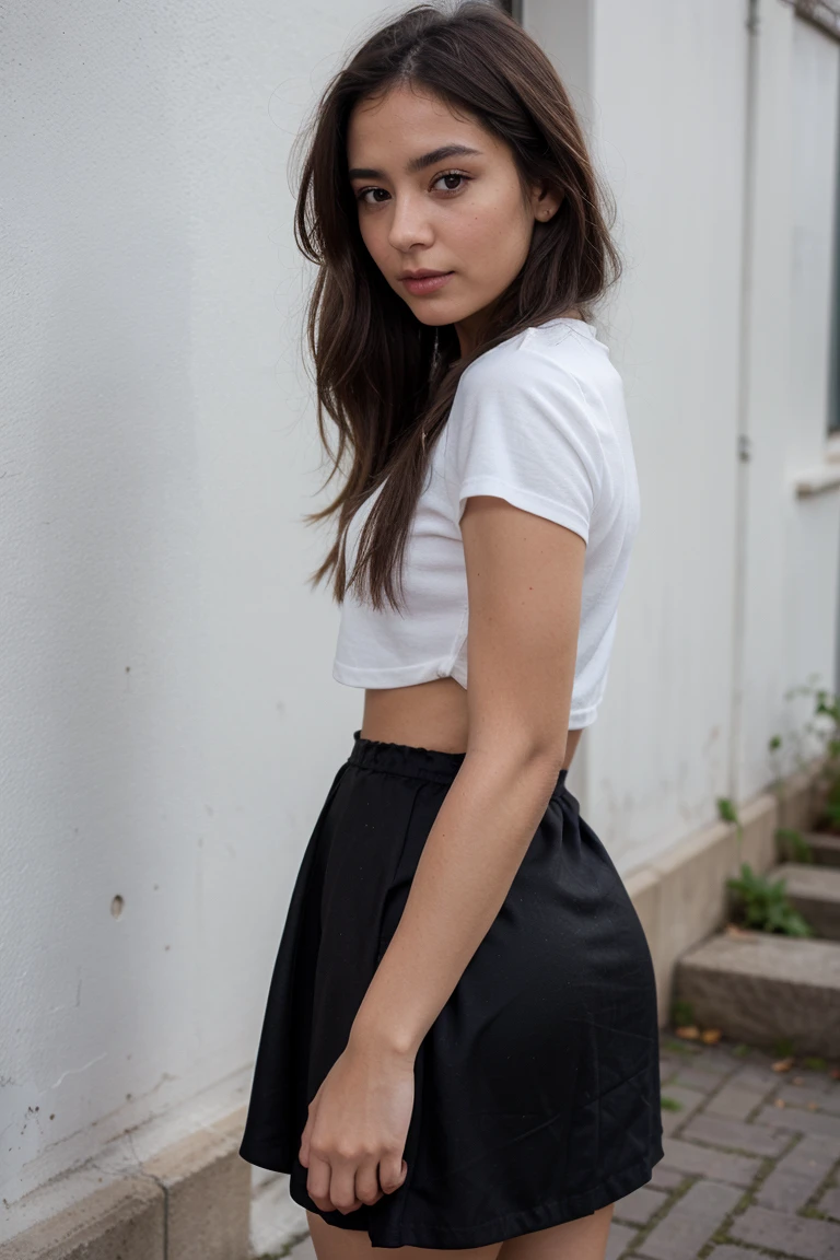 A 18-year-old Colombian young woman influencer, female empowerment, top clothers, medium bust.