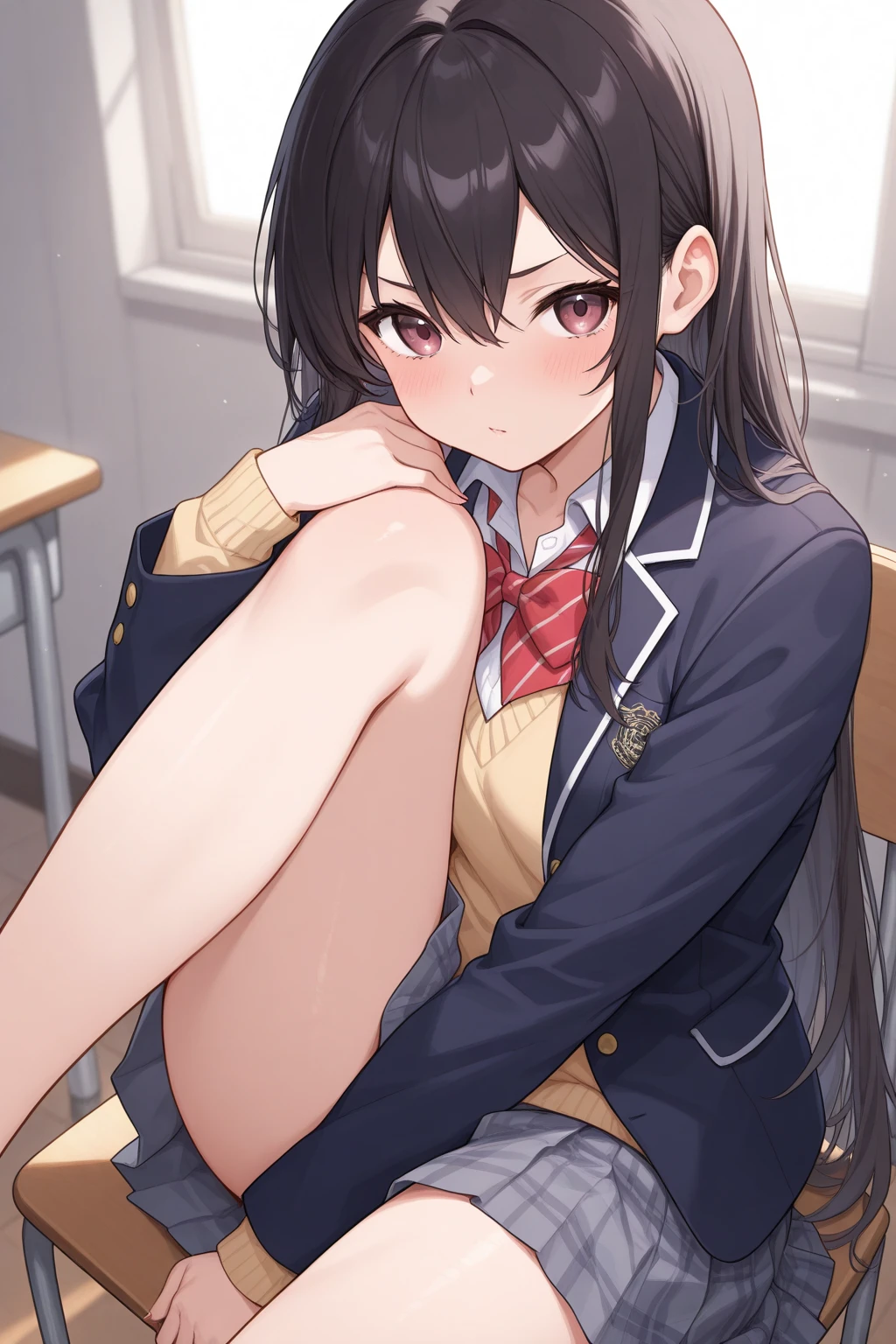 (1) There is one high school girl, A person who provokes others by lifting up their skirt.
(2) High school girl wears a blazer and miniskirt uniform, she wears loose socks on her feet.
(3) She has long brown hair.
(4) She makes a provocative and lewd expression.
(5) The location is a love hotel room..