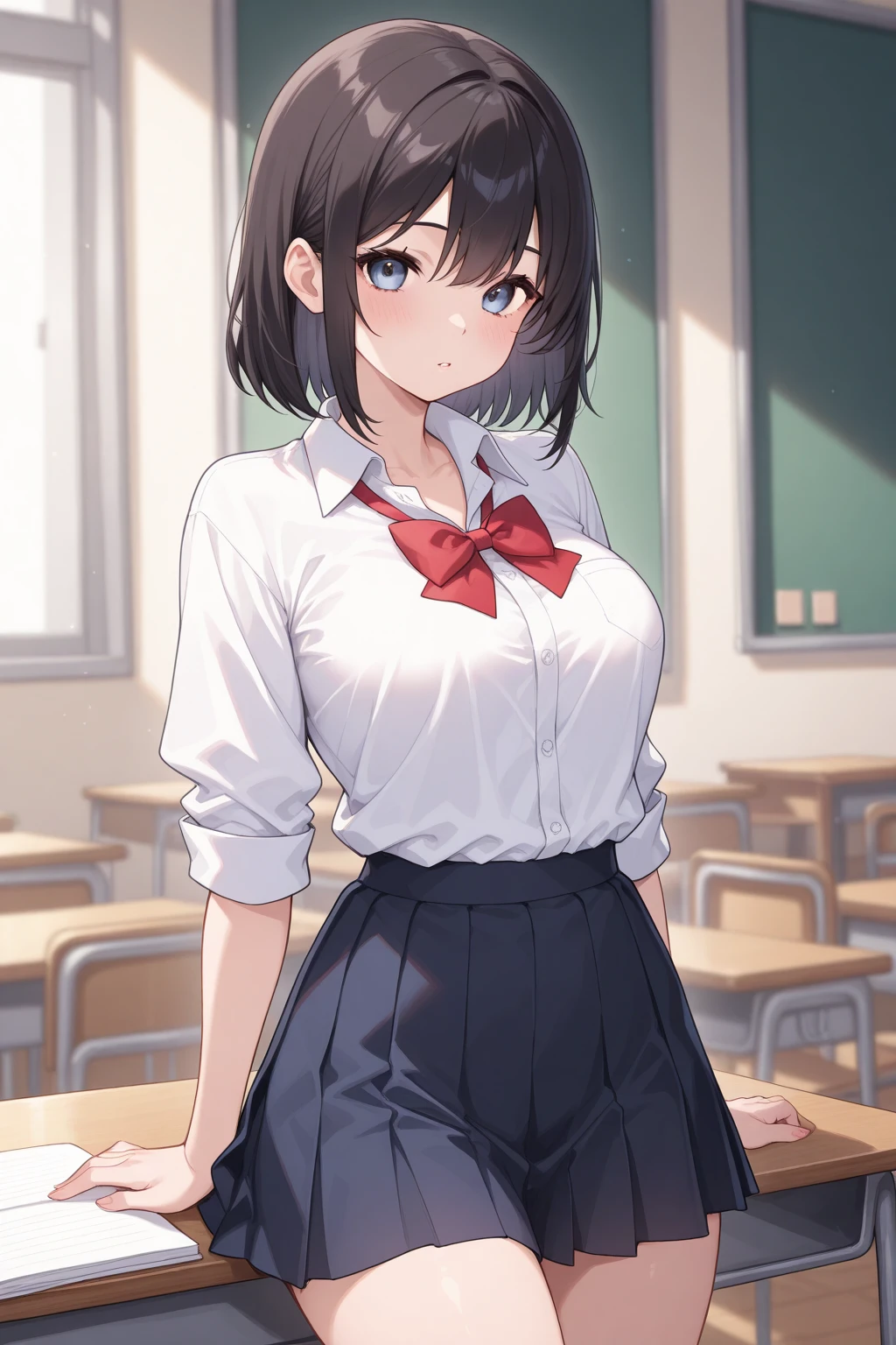 beautiful girl classroom Black Hair clear Beautiful breasts Black Mini Skirt Black Pantyhose Hair tied up hair band