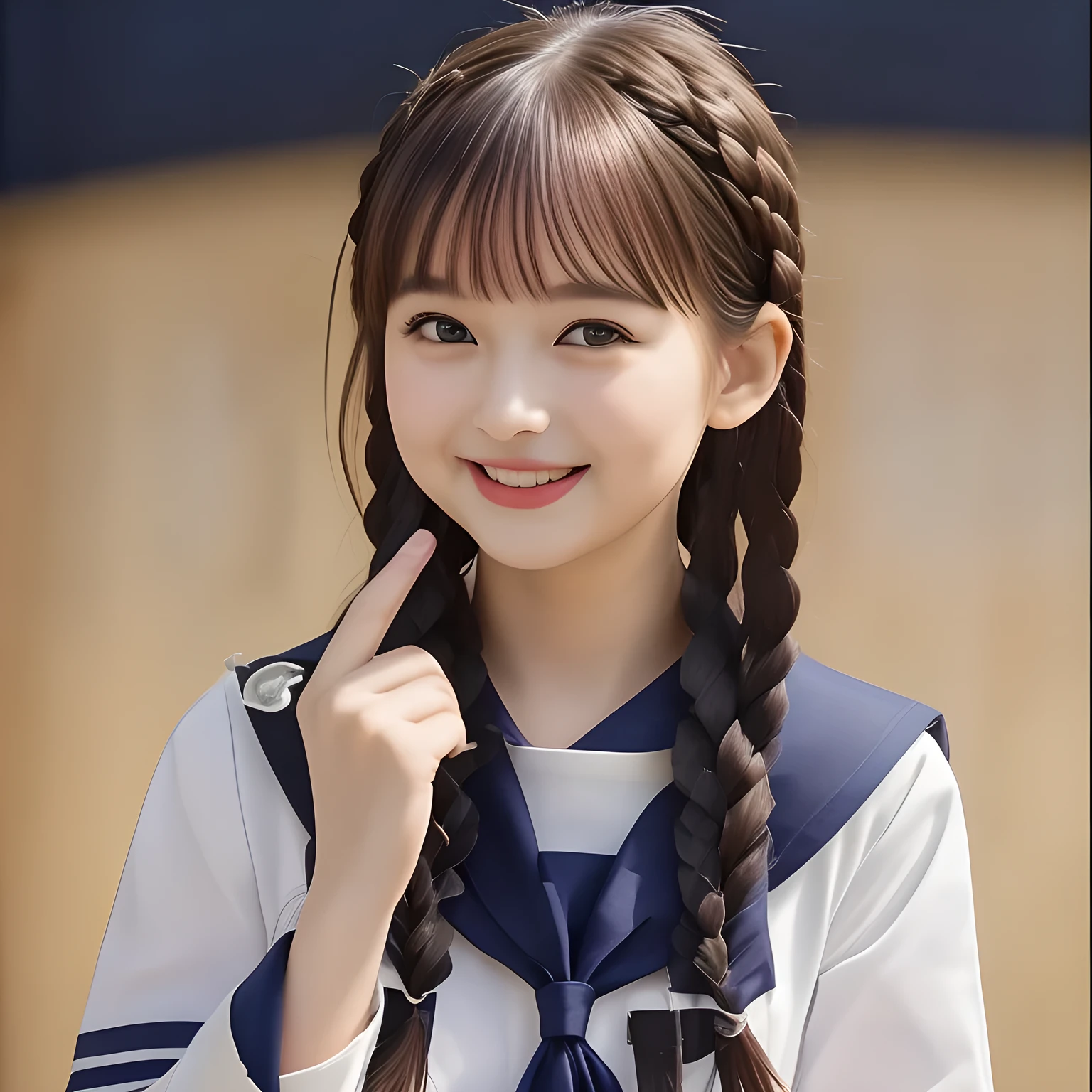 (highest quality, masterpiece, clearly detailed:1.5), highest quality, High resolution, 1080p, 8K, (Too beautiful, ((meek & conservative)) sweet ((beautiful girlish and Evolved with grace)), Epitome of maidenly decorum, ((Too much beloved)) noble grown beautiful beautiful girl with detailed, 155cm height, ((svelte silhouette)), Cloistered beauty, lewd mind, giving too much pleasure to my sensitive body's tip covered with beautiful hands and fingers, spoiling me by pleasure with detailed: 1.7), (laughing white face with unreal angelic beauty, overflowing with translucence: 1.8), (Pristine blue uniform, (Neatest (navy colored) sailor-style school uniform, navy sailor collar, shiny-blue sailor scarf, with detailed): 1.8), (Too beautiful dreamy eyes and neatness charm the viewer), (Giggling cohort background with many white lovely marks, clearly detailed foreground, with most beautifully detailed: 1.9), ((purity and neatness of pristine uniform is very impressing): 1.8), (focus on her internal mind: 1.9), (Beautiful brown eyes), (shiny black soft twin-braids styled hair ((in accordance with school rigid regulations)), bangs trimmed carefully, neat tight braids of school style: 2.0), (her very fluttering high-tone voice tell me to give her everything like too sweet aphrodisiac: 1.4), (I can't stop discharging and draining my every liquid to her by the beauty and pleasure, she enjoys about it and improves it: 2.0)