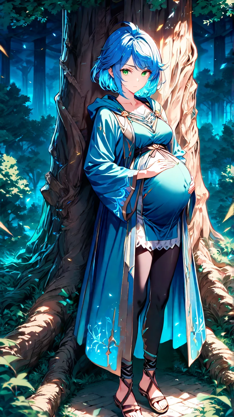 In the evening, a female character in fantasy style sits on an old tree, her facial features are extremely beautiful, long hair, elegant hair, blue and white pottery long skirt, layered skirt, dynamic pose, front view, perfect composition, stream, waterfall, starlight, fireflies, white flowers, splashing water, looking from the bottom up, Ning Rongrong, pregnant, pregnant, pregnant,