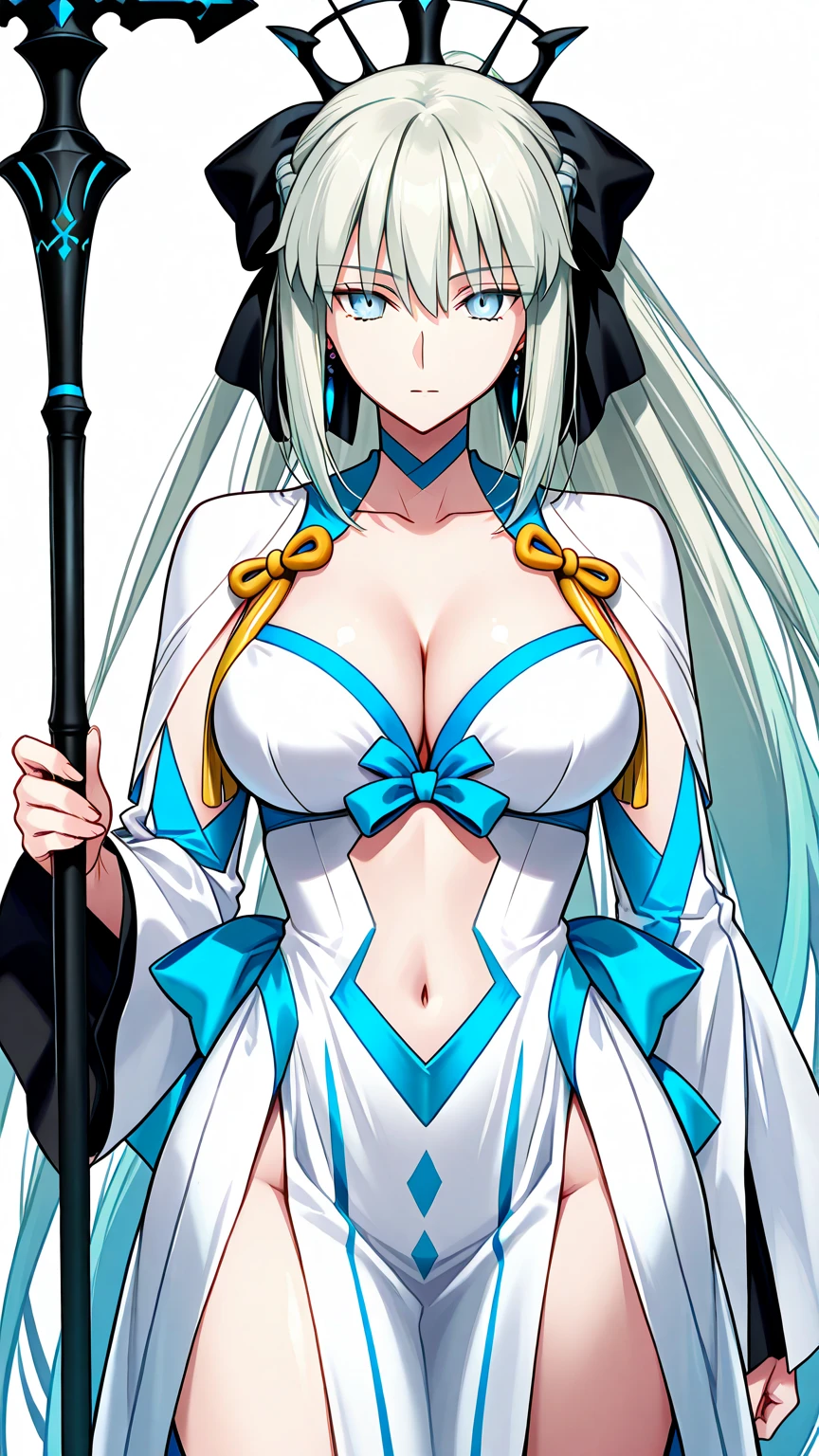 1girl, solo, focalors (genshin impact), focalors hat, , (from front view), (blushing:1.3), (pointed breasts:1.6), pov, masterpiece, highest quality, 8k, blue silver hair, sfwhand on chin, confident look, fontain (genshin impact) background