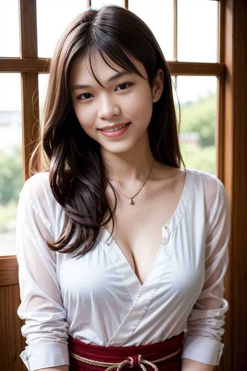 masterpiece,best quality,(Japanese ),((Beautiful girl)),cleavage,indoor,(perfect body beauty:1.2),(shy smile),beautiful teeth,